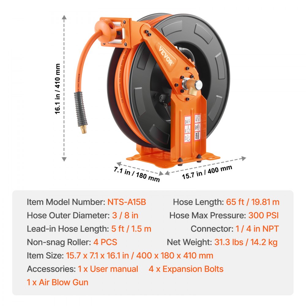 VEVOR Retractable Air Hose Reel 3/8IN x 65FT Hybrid Air Hose with Double Arms 