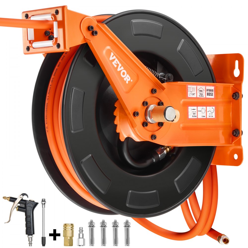 VEVOR Retractable Air Hose Reel 3/8IN x 65FT Hybrid Air Hose with Double Arms 