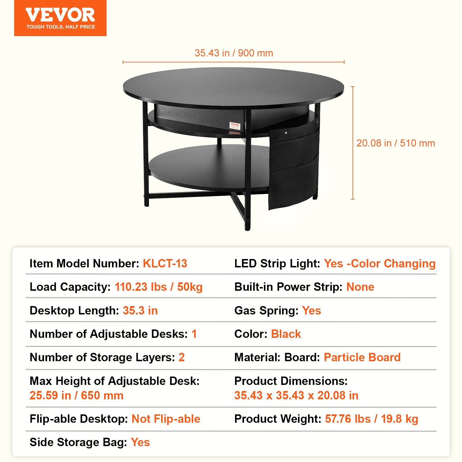 VEVOR Lift Top Coffee Table 35.3" Round Coffee Table for Living Room Black 