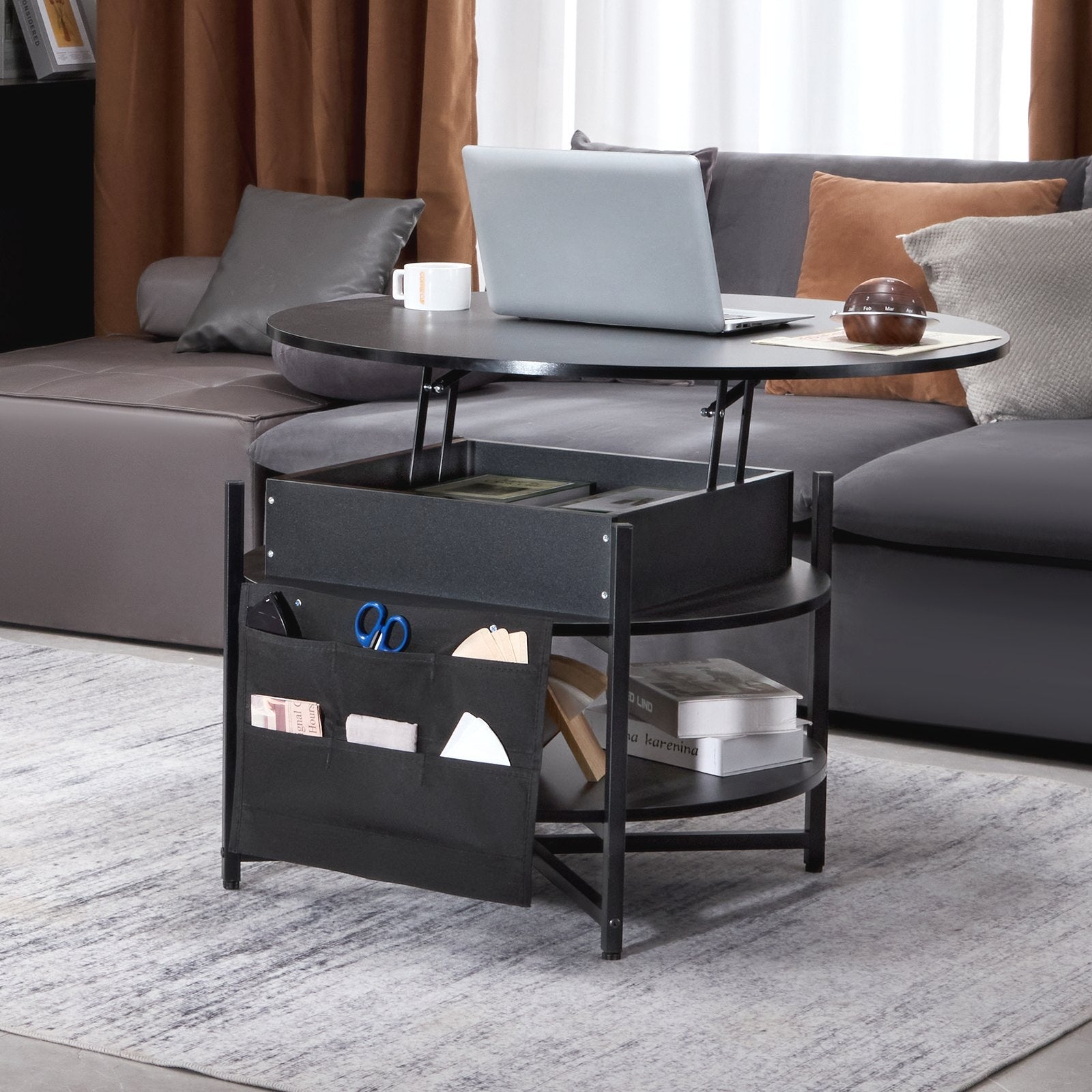 VEVOR Lift Top Coffee Table 35.3" Round Coffee Table for Living Room Black 