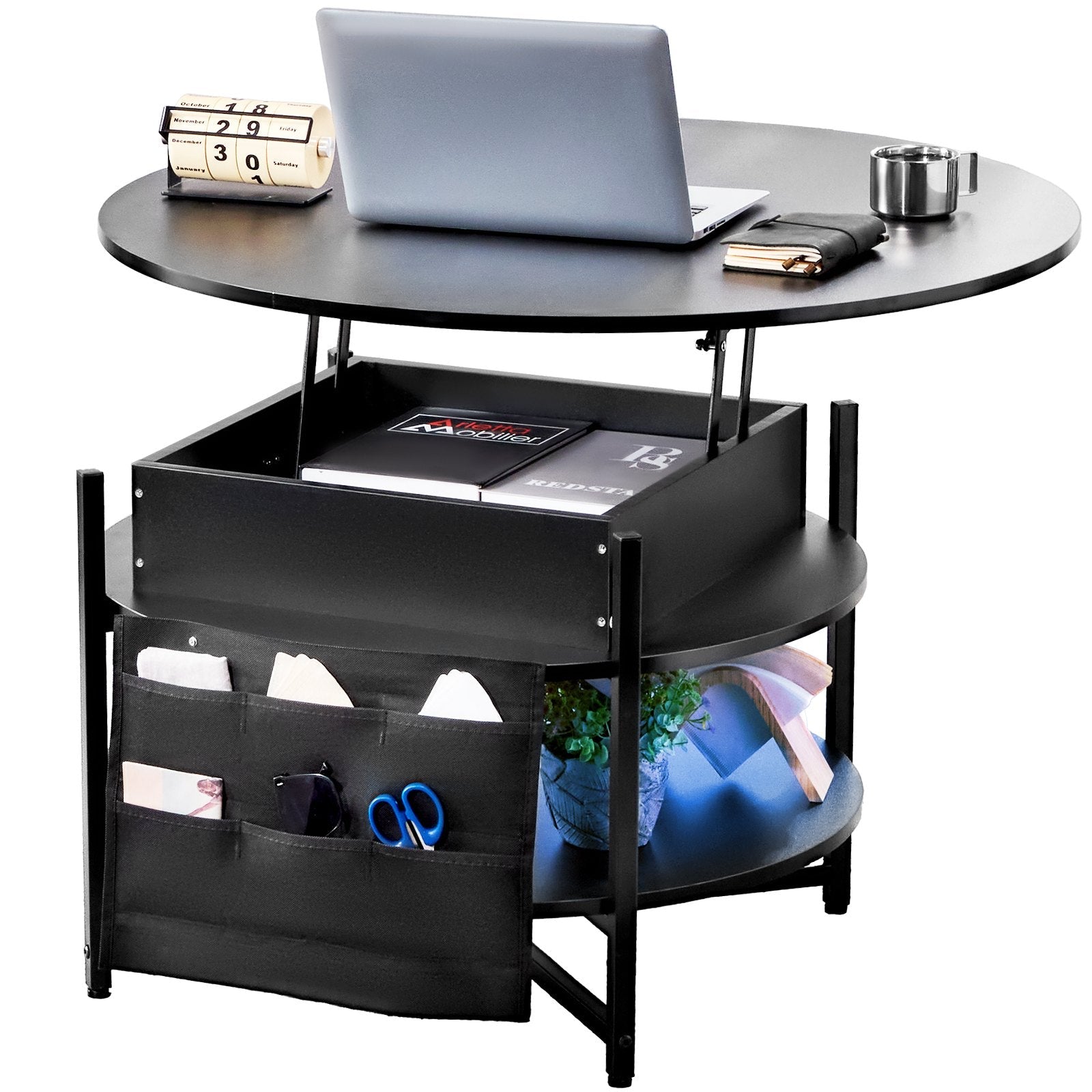 VEVOR Lift Top Coffee Table 35.3" Round Coffee Table for Living Room Black 