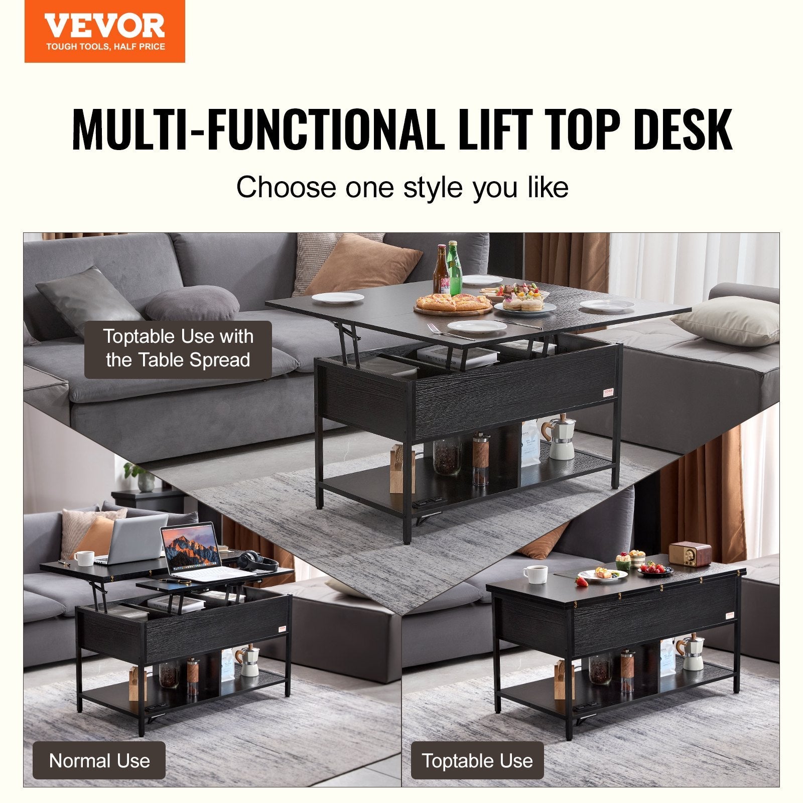 VEVOR Lift Top Coffee Table 39.4" Rectangle Coffee Table with Light & USB Black 