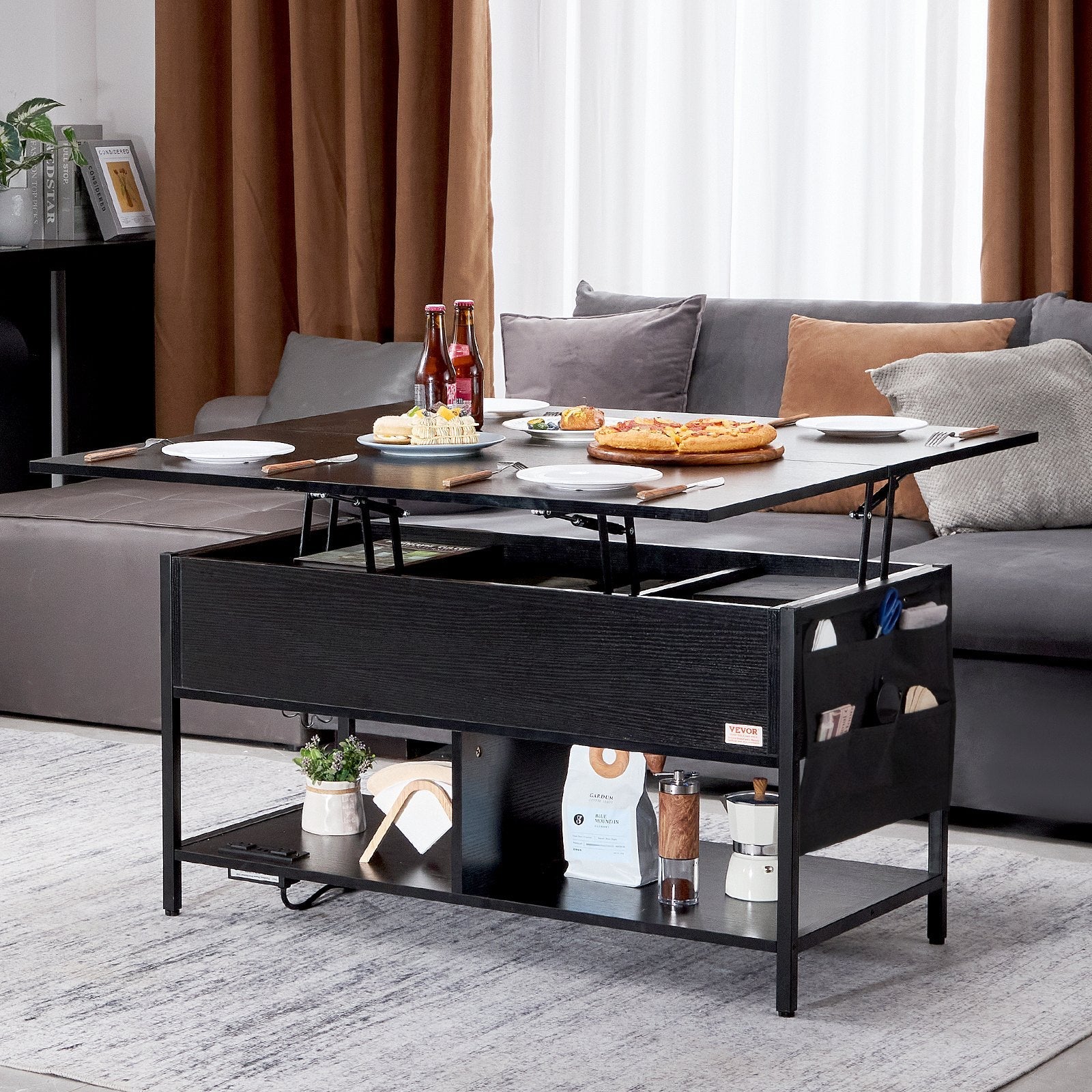 VEVOR Lift Top Coffee Table 39.4" Rectangle Coffee Table with Light & USB Black 