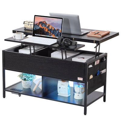 VEVOR Lift Top Coffee Table 39.4" Rectangle Coffee Table with Light & USB Black 