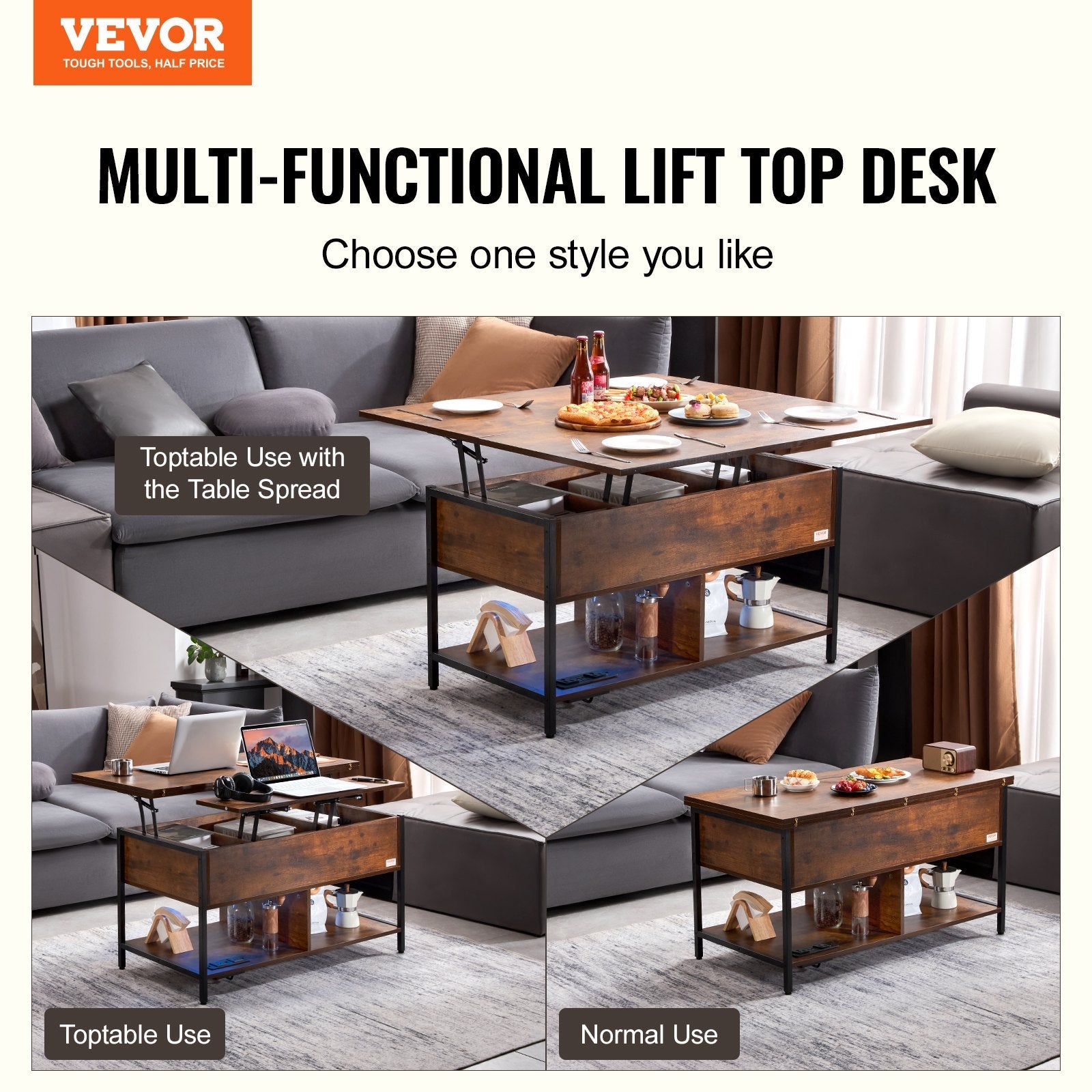 VEVOR Lift Top Coffee Table 39.4" Rectangle Coffee Table with Light & USB Brown 