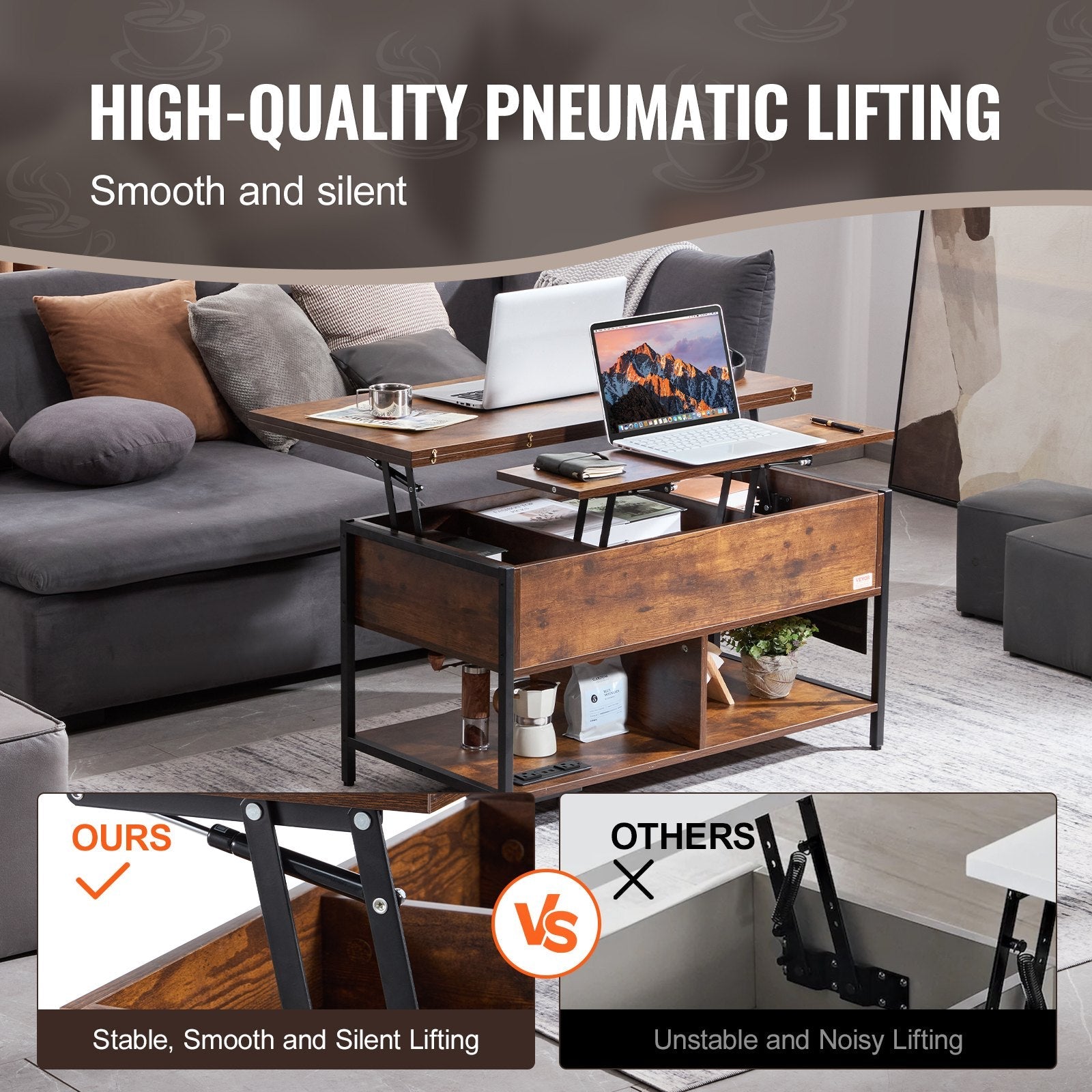VEVOR Lift Top Coffee Table 39.4" Rectangle Coffee Table with Light & USB Brown 