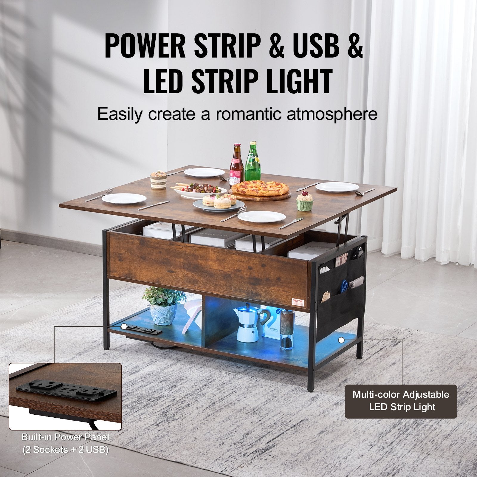 VEVOR Lift Top Coffee Table 39.4" Rectangle Coffee Table with Light & USB Brown 