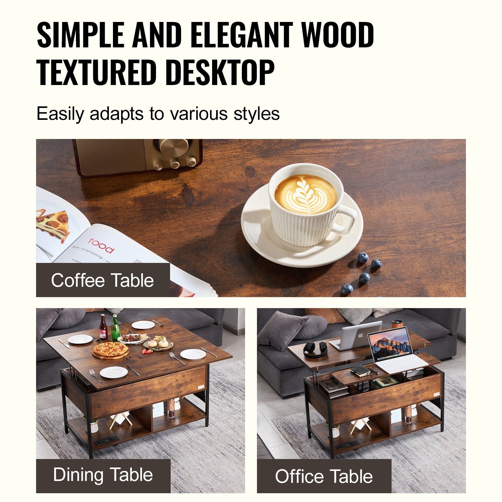 VEVOR Lift Top Coffee Table 39.4" Rectangle Coffee Table with Light & USB Brown 