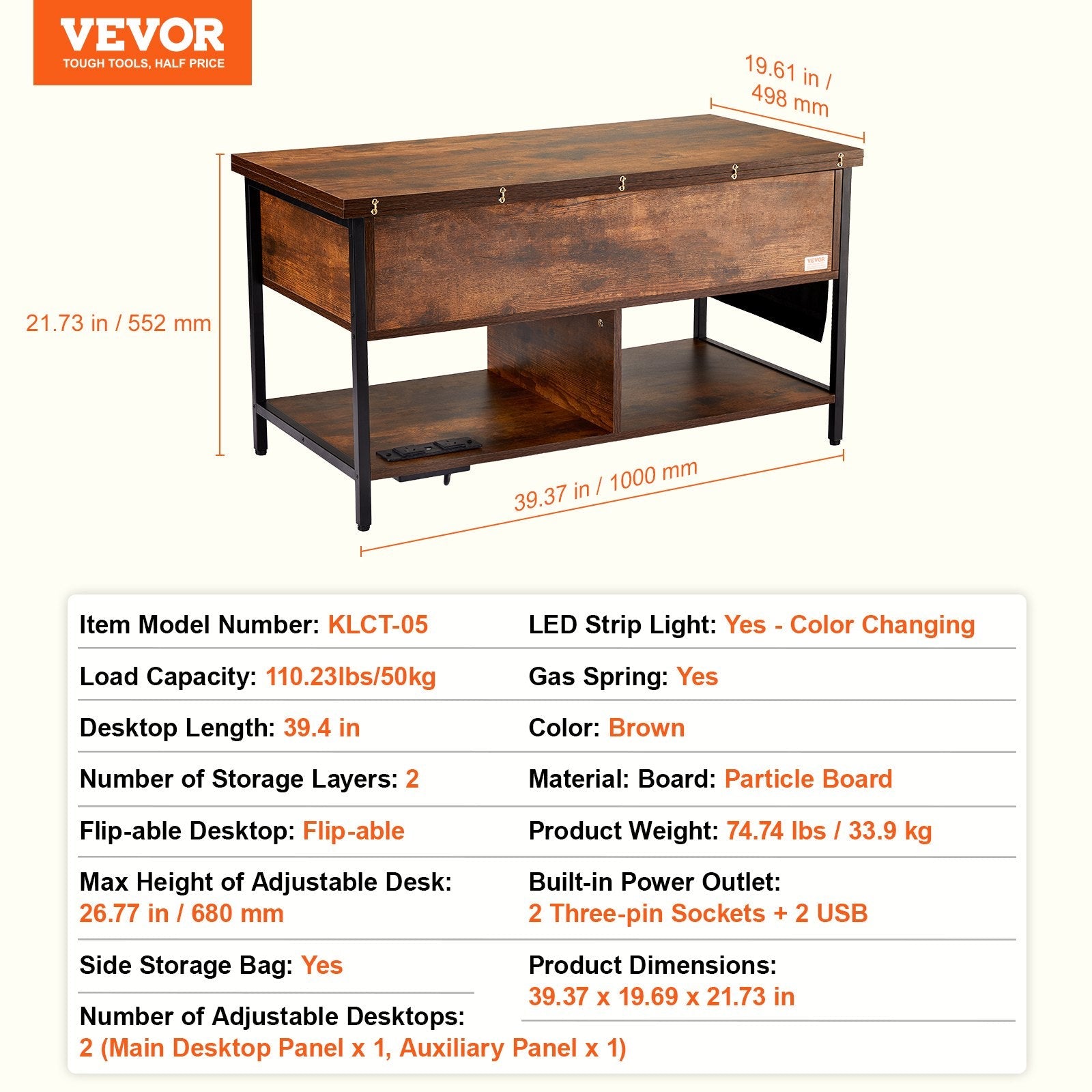 VEVOR Lift Top Coffee Table 39.4" Rectangle Coffee Table with Light & USB Brown 
