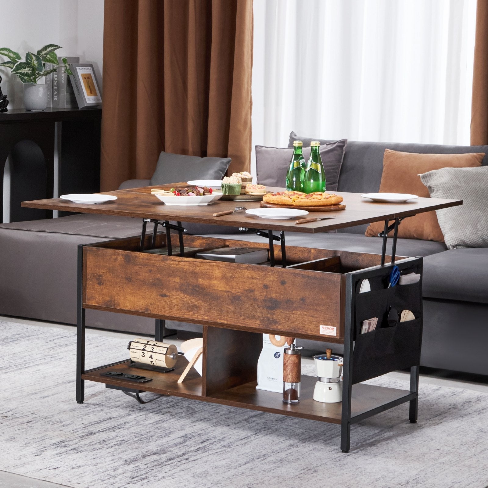 VEVOR Lift Top Coffee Table 39.4" Rectangle Coffee Table with Light & USB Brown 