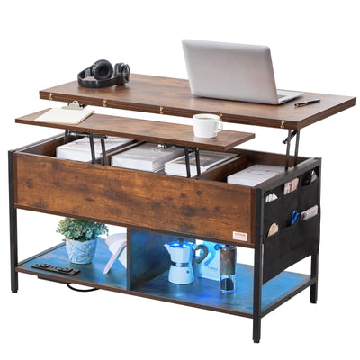 VEVOR Lift Top Coffee Table 39.4" Rectangle Coffee Table with Light & USB Brown 