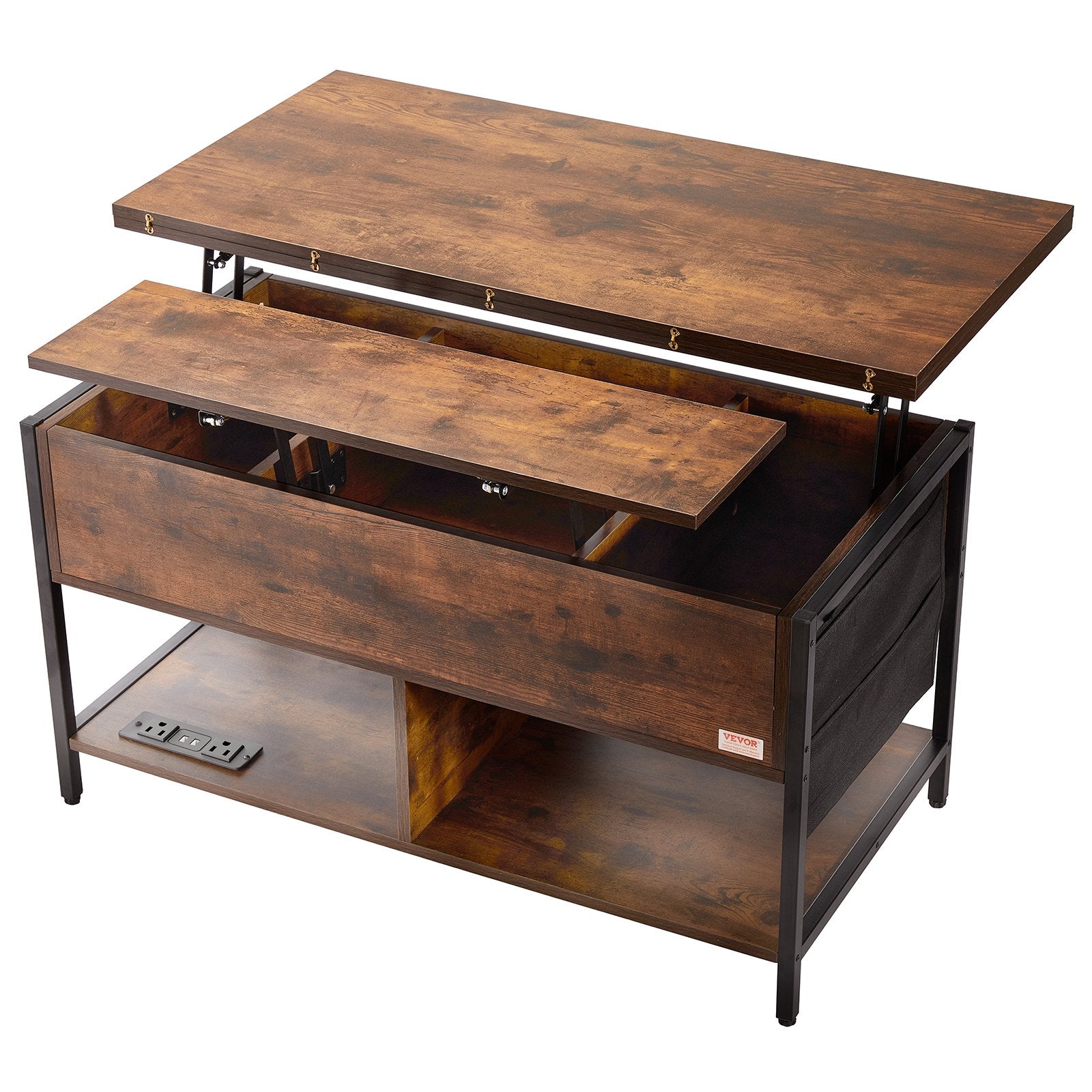VEVOR Lift Top Coffee Table 39.4" Rectangle Coffee Table with Light & USB Brown 