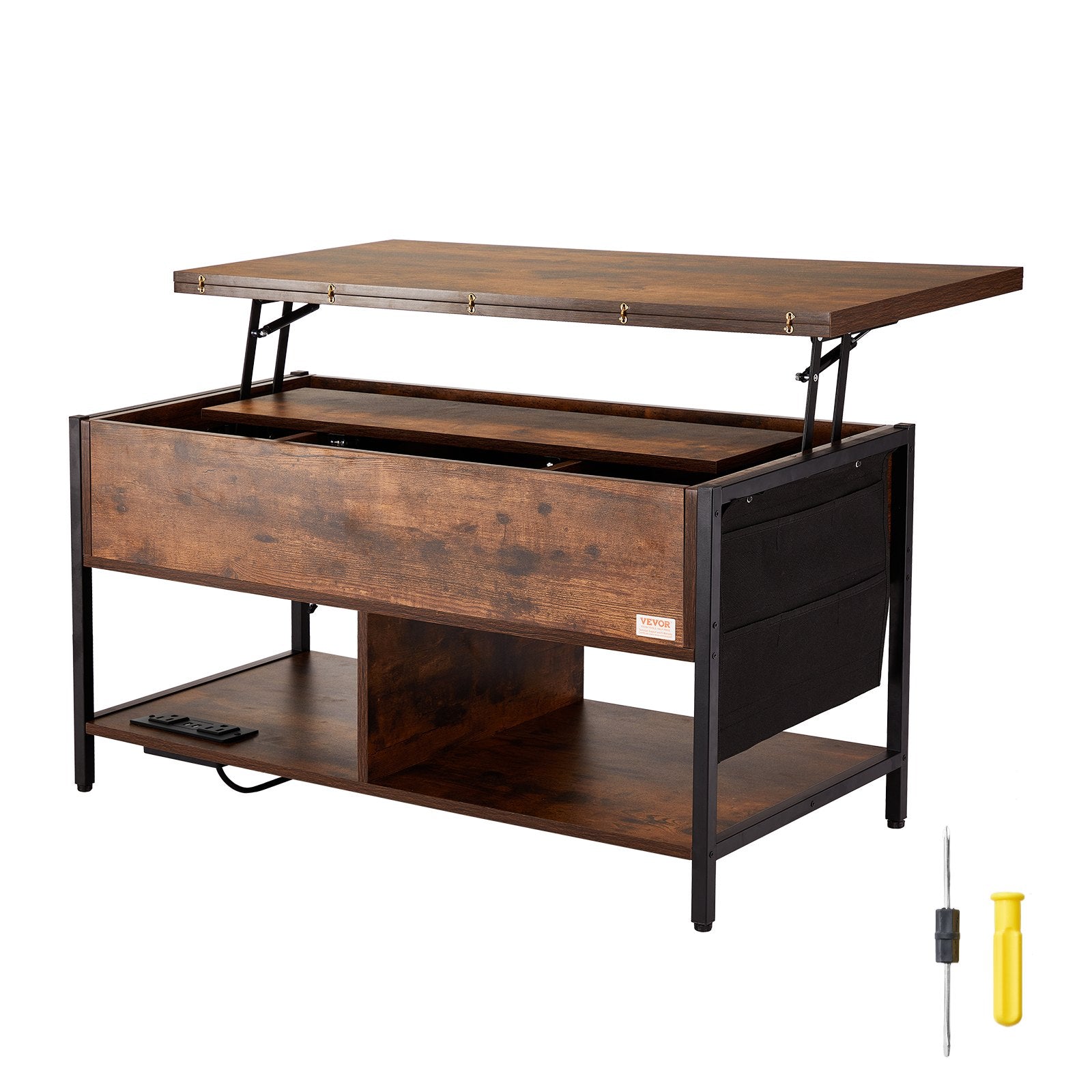 VEVOR Lift Top Coffee Table 39.4" Rectangle Coffee Table with Light & USB Brown 