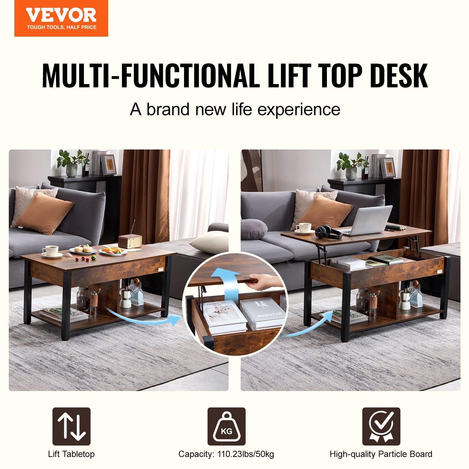 VEVOR Lift Top Coffee Table 41.7" Rectangle Coffee Table for Living Room Brown 