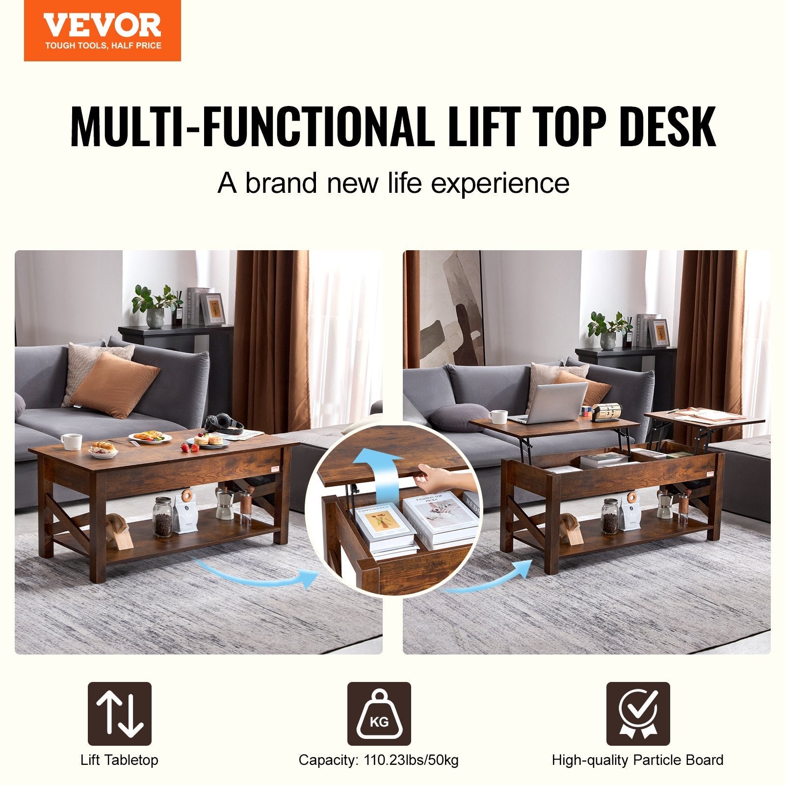 VEVOR Lift Top Coffee Table 47.5" Rectangle Coffee Table for Living Room Brown 