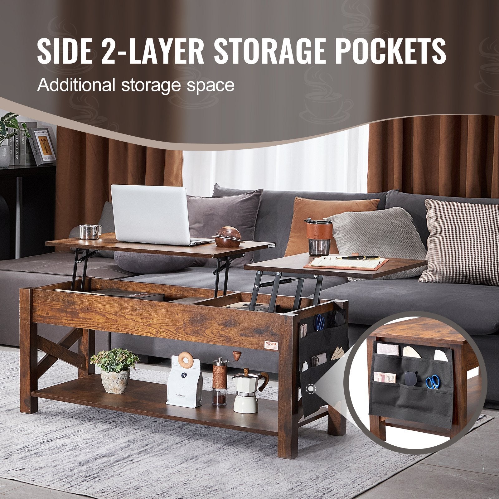 VEVOR Lift Top Coffee Table 47.5" Rectangle Coffee Table for Living Room Brown 