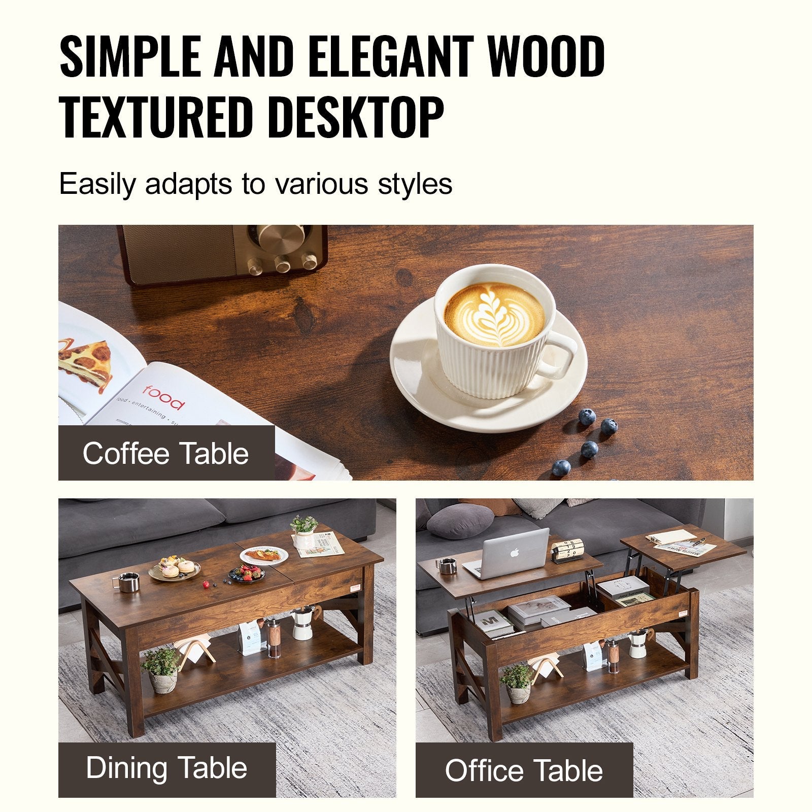 VEVOR Lift Top Coffee Table 47.5" Rectangle Coffee Table for Living Room Brown 