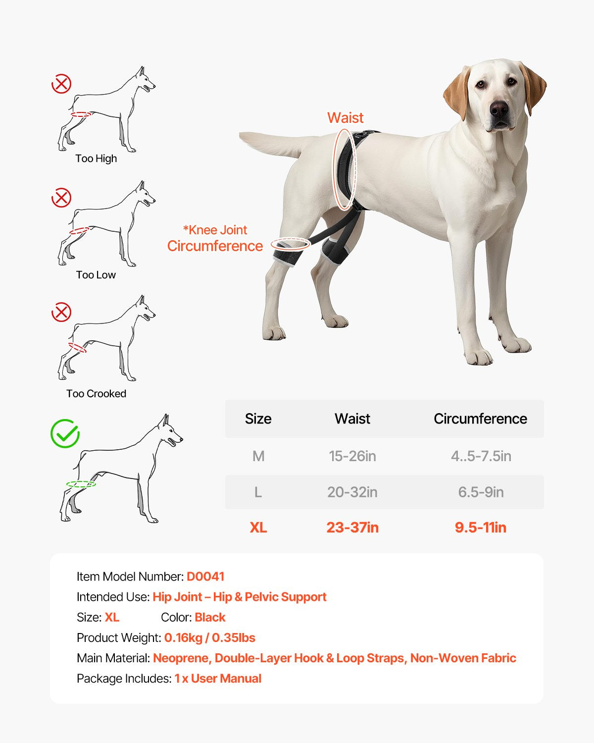 VEVOR Dog Hip Support Brace Pet Hip Dysplasia Brace Harness Joint Pain Relief 