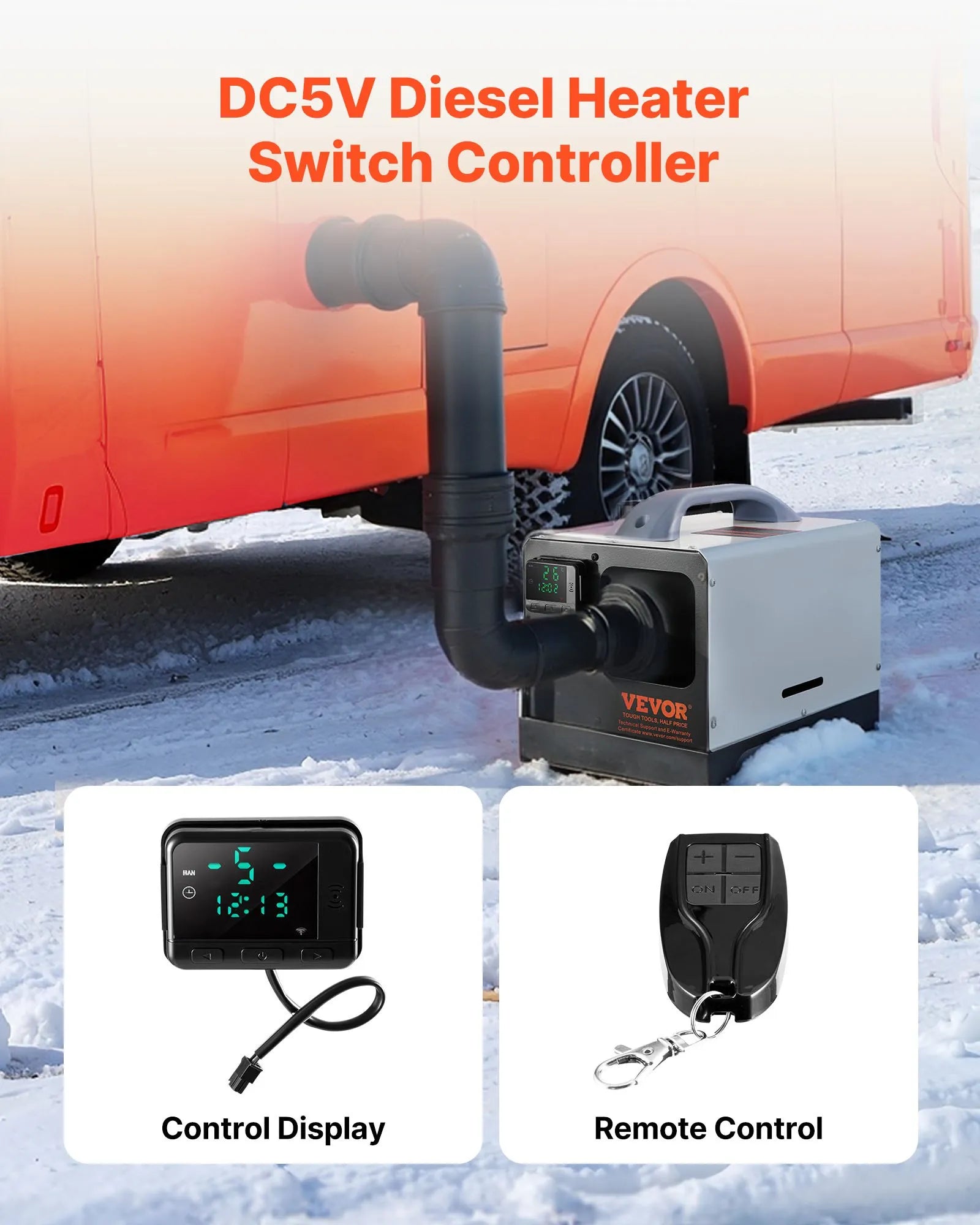 VEVOR Diesel Air Heater Controller – Universal DC5V Thermostat Switch with LCD Display and Remote Control, Compatible with 2KW/5KW/8KW Diesel Heaters 