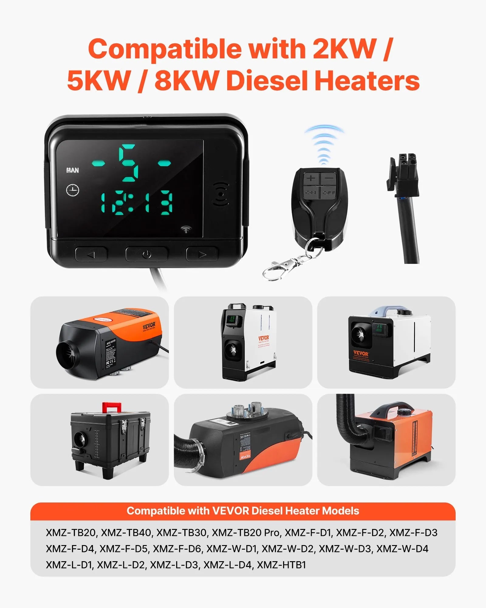 VEVOR Diesel Air Heater Controller – Universal DC5V Thermostat Switch with LCD Display and Remote Control, Compatible with 2KW/5KW/8KW Diesel Heaters 