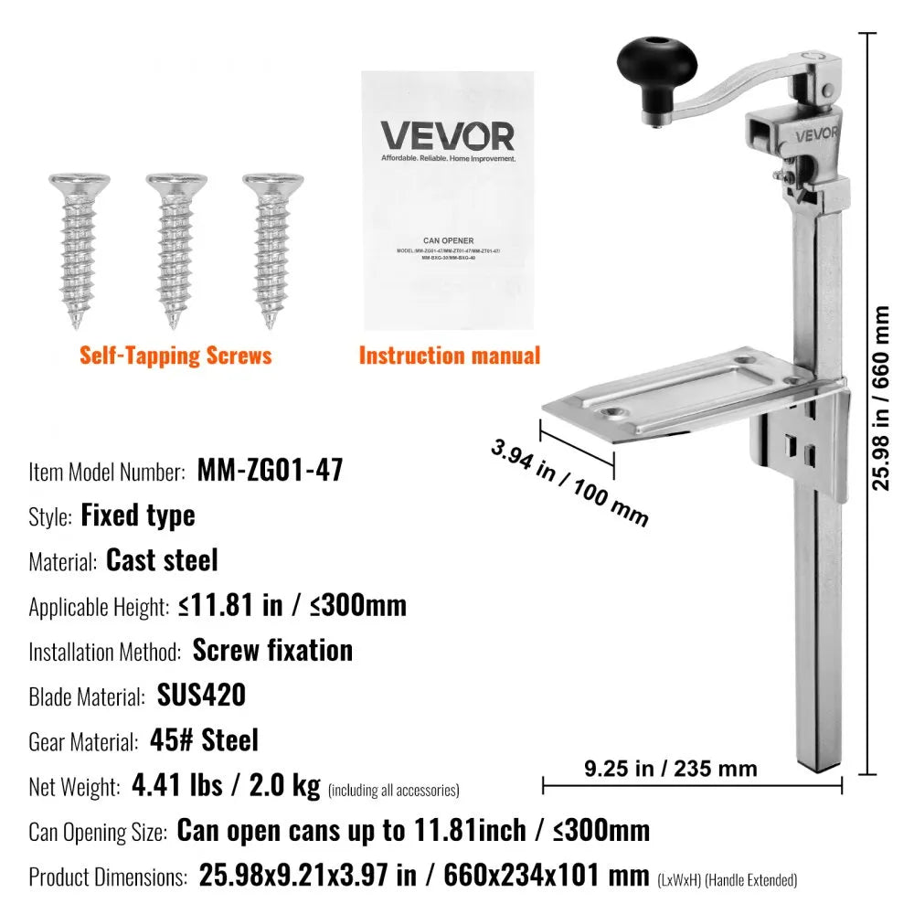 VEVOR Commercial Can Opener, Heavy-Duty Manual Tabletop Cans Opener for Cans Up to 11.8 in Height, Height-Adjustable Professional Can Openers Fixed with Screws, for Restaurant, Hotel, and Food Store 