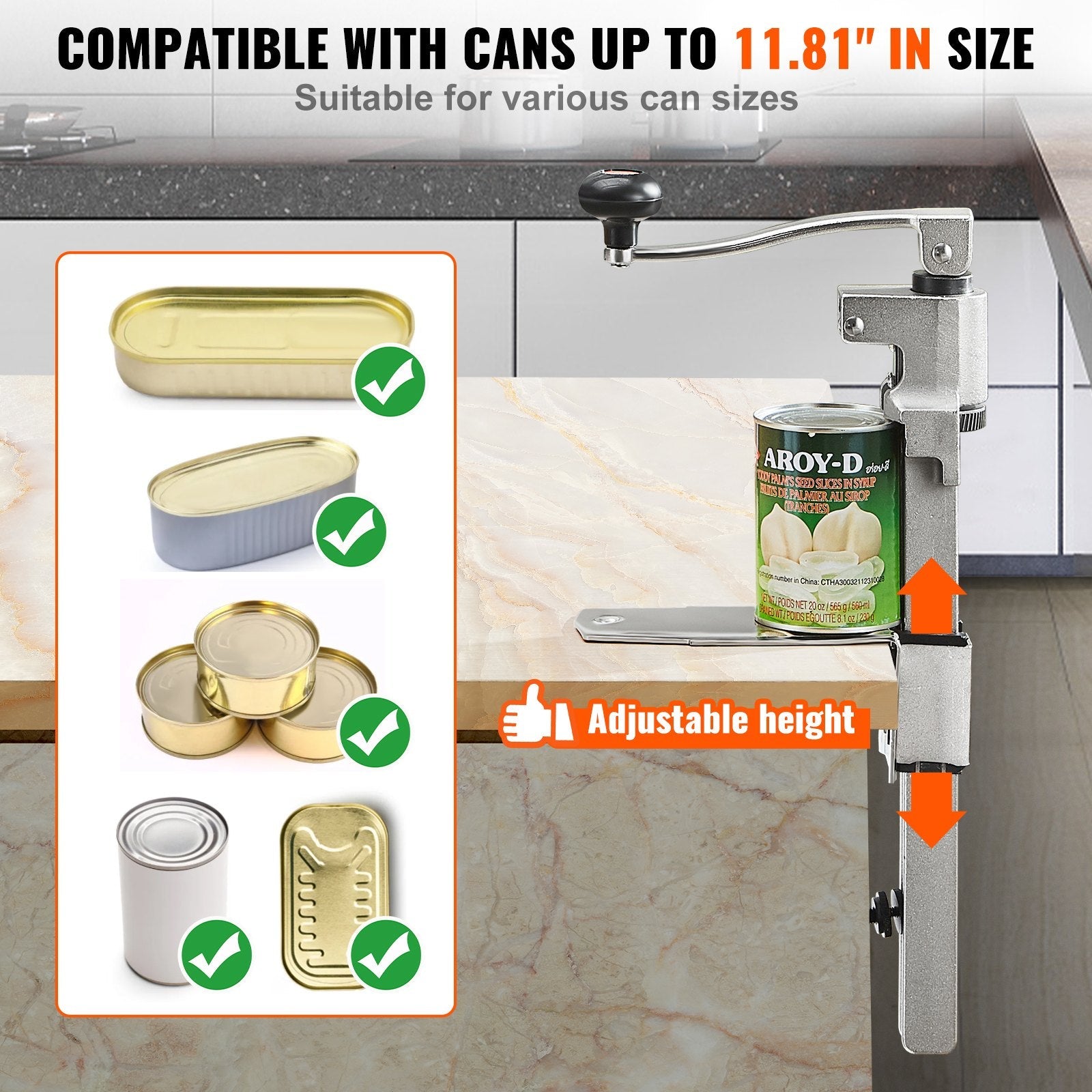 VEVOR Manual Can Opener, Commercial Table Opener for Large Cans, Heavy Duty Can Opener with Base, Adjustable Height Industrial Jar Opener For Cans Up to 11.8" Tall, for Restaurant Hotel Home Bar 