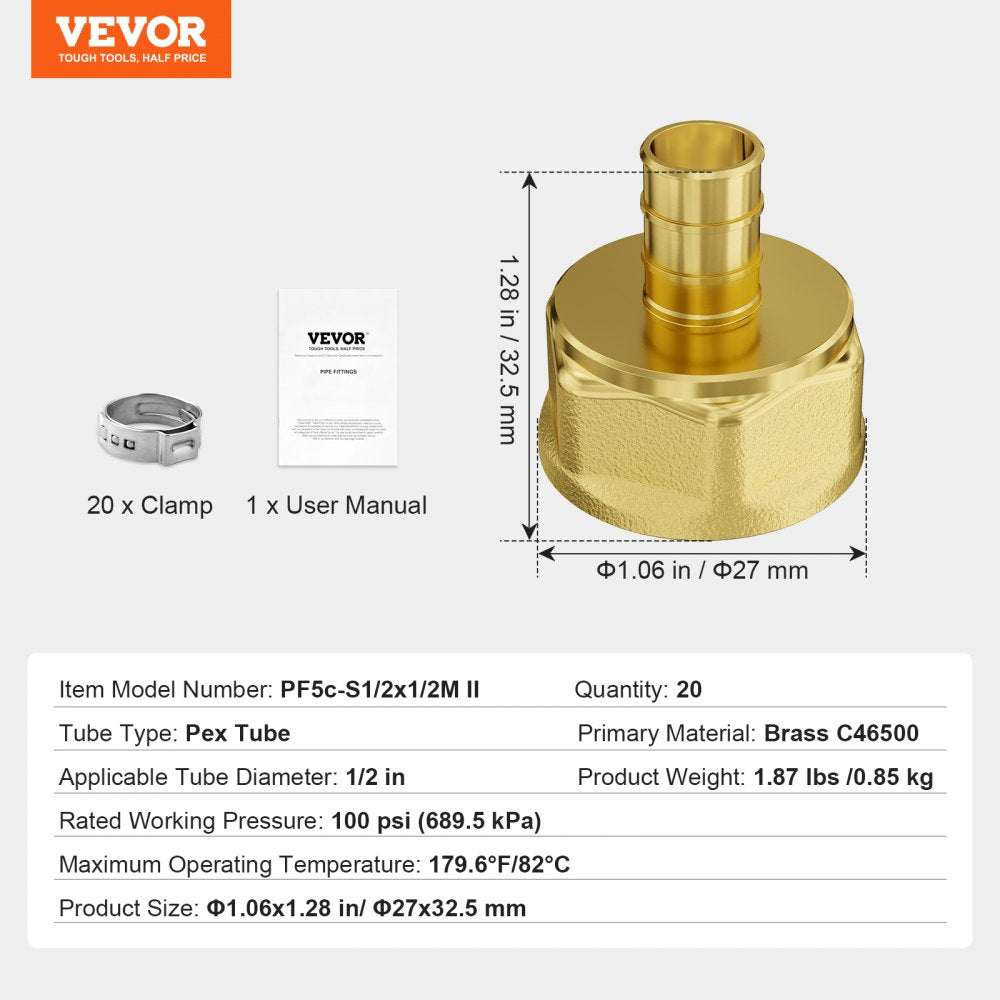 VEVOR Pipe Fittings 1/2" 20PCS Brass Clamp-style 1/2 NPT Internal Thread for Air 