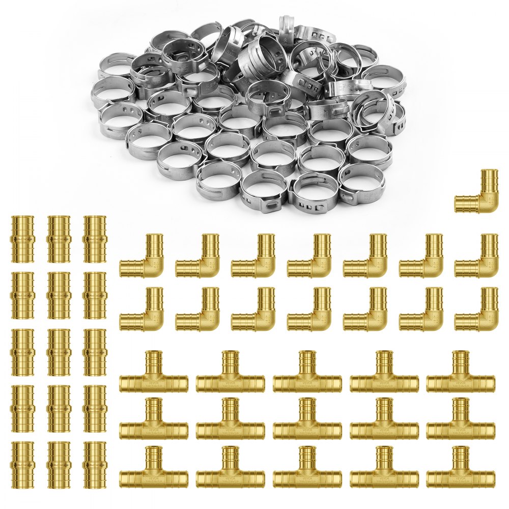 VEVOR Pipe Fittings 3/4" 45PCS (Straight,Elbows,Tees) Brass Push-Fit for Air 