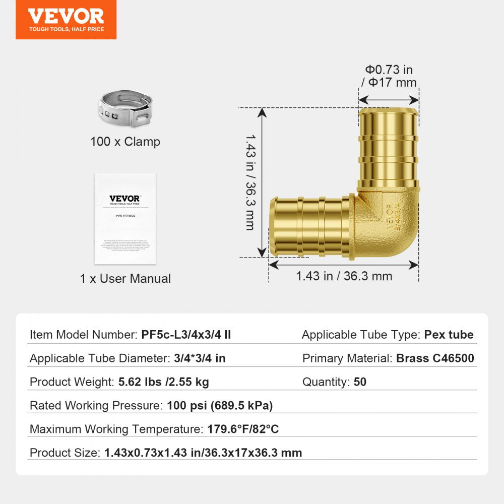VEVOR Pipe Fittings 3/4" 50PCS Brass Clamp-style Elbows for Heating Systems 