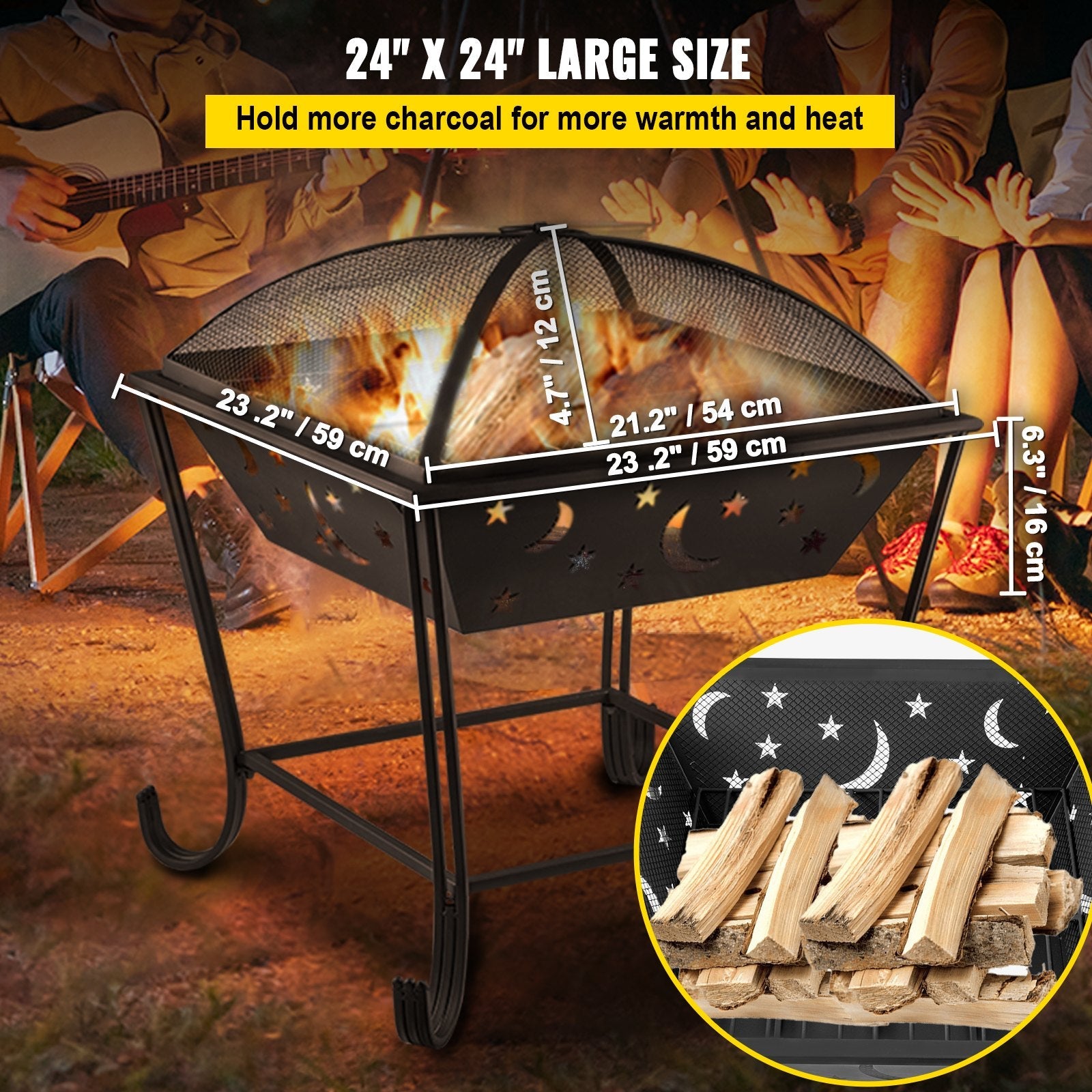 VEVOR BBQ Grill Fire Bowl, 24"x24" Wood Burning Pit, Solid Steel Wood Fire Pits, Wood Fire Pits Outdoor w/ Spark Screen Cover, Fire Pits for Outside w/ Stainless Steel Baking Net for Baking & Warming 