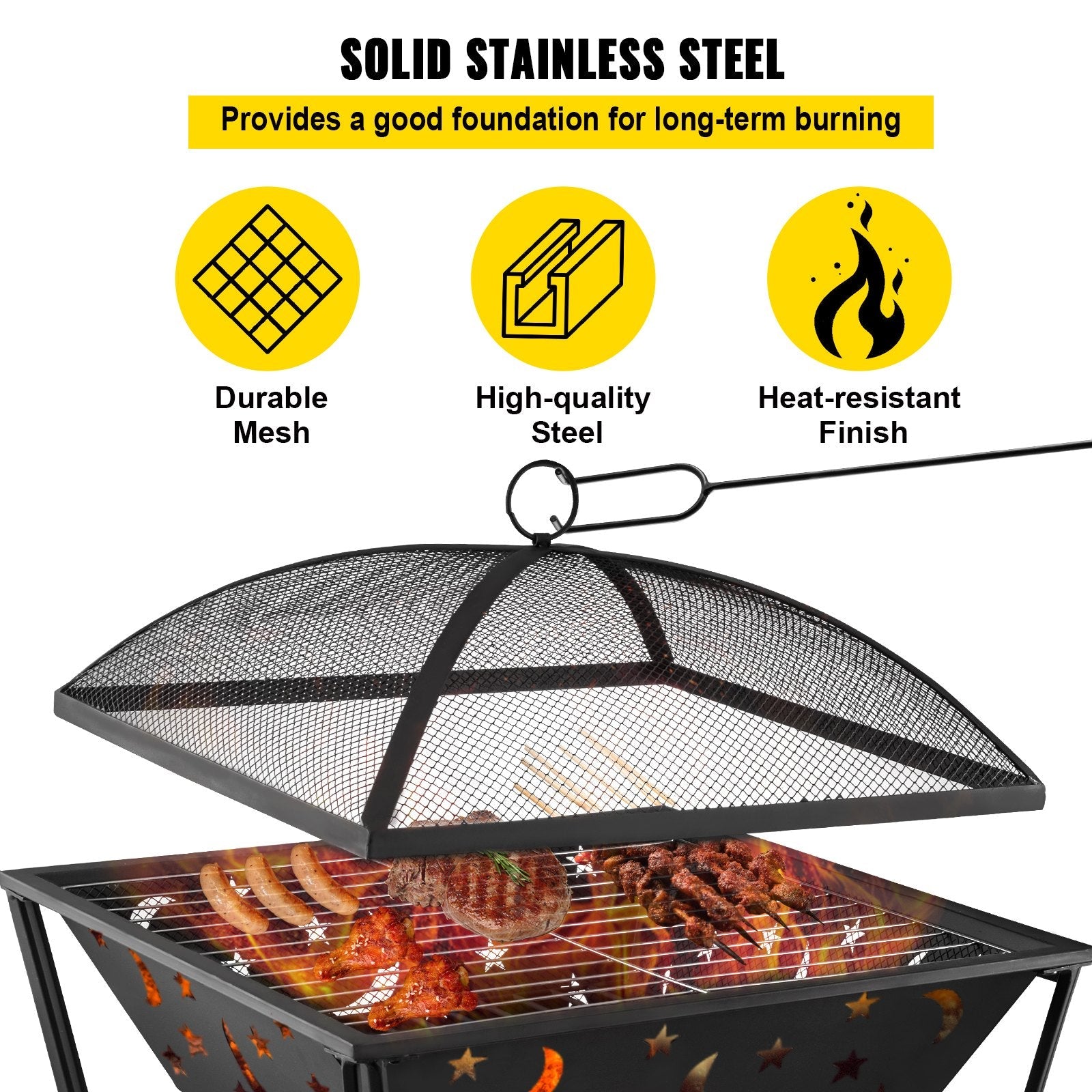 VEVOR BBQ Grill Fire Bowl, 24"x24" Wood Burning Pit, Solid Steel Wood Fire Pits, Wood Fire Pits Outdoor w/ Spark Screen Cover, Fire Pits for Outside w/ Stainless Steel Baking Net for Baking & Warming 