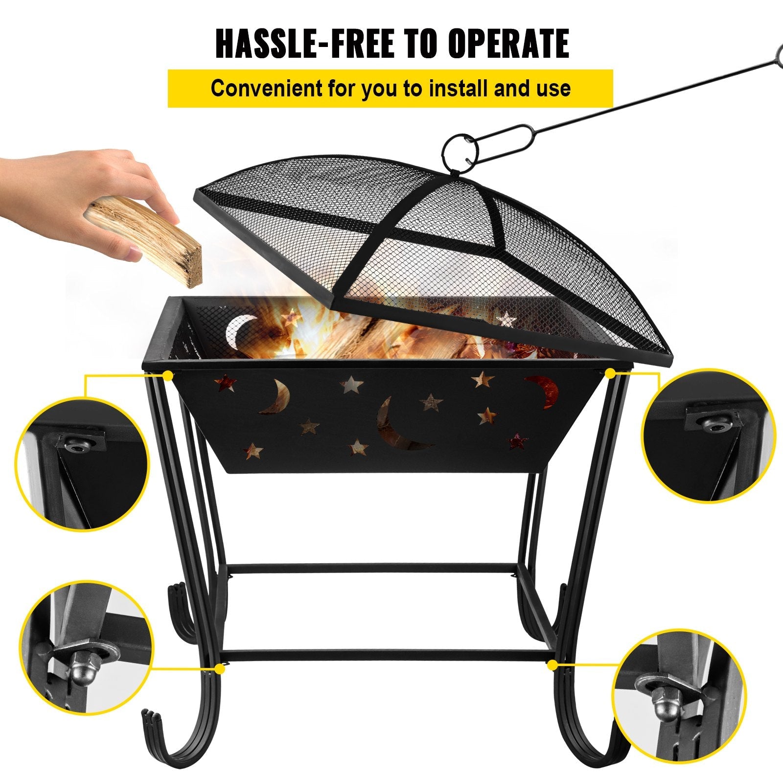 VEVOR BBQ Grill Fire Bowl, 24"x24" Wood Burning Pit, Solid Steel Wood Fire Pits, Wood Fire Pits Outdoor w/ Spark Screen Cover, Fire Pits for Outside w/ Stainless Steel Baking Net for Baking & Warming 