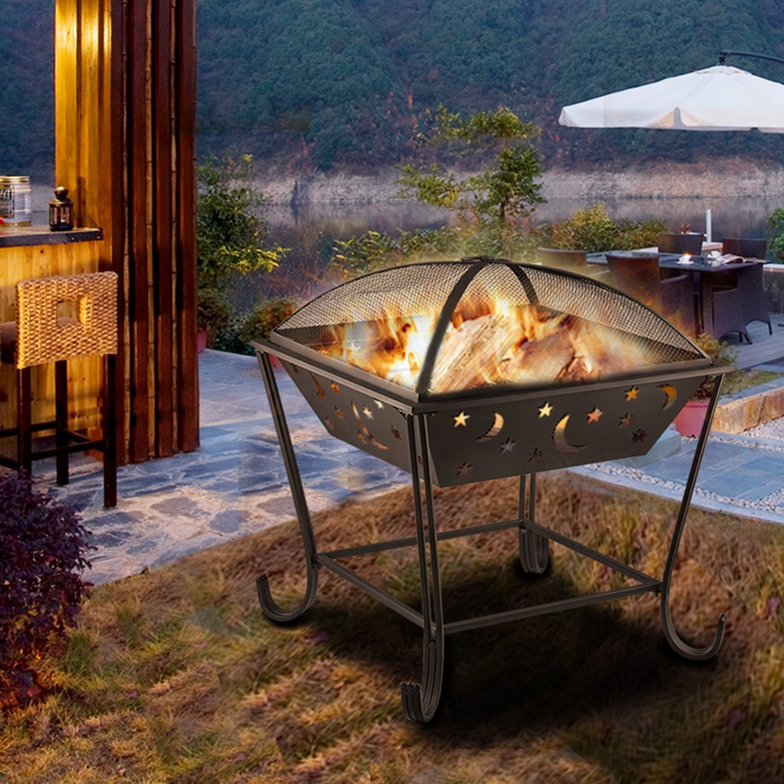 VEVOR BBQ Grill Fire Bowl, 24"x24" Wood Burning Pit, Solid Steel Wood Fire Pits, Wood Fire Pits Outdoor w/ Spark Screen Cover, Fire Pits for Outside w/ Stainless Steel Baking Net for Baking & Warming 