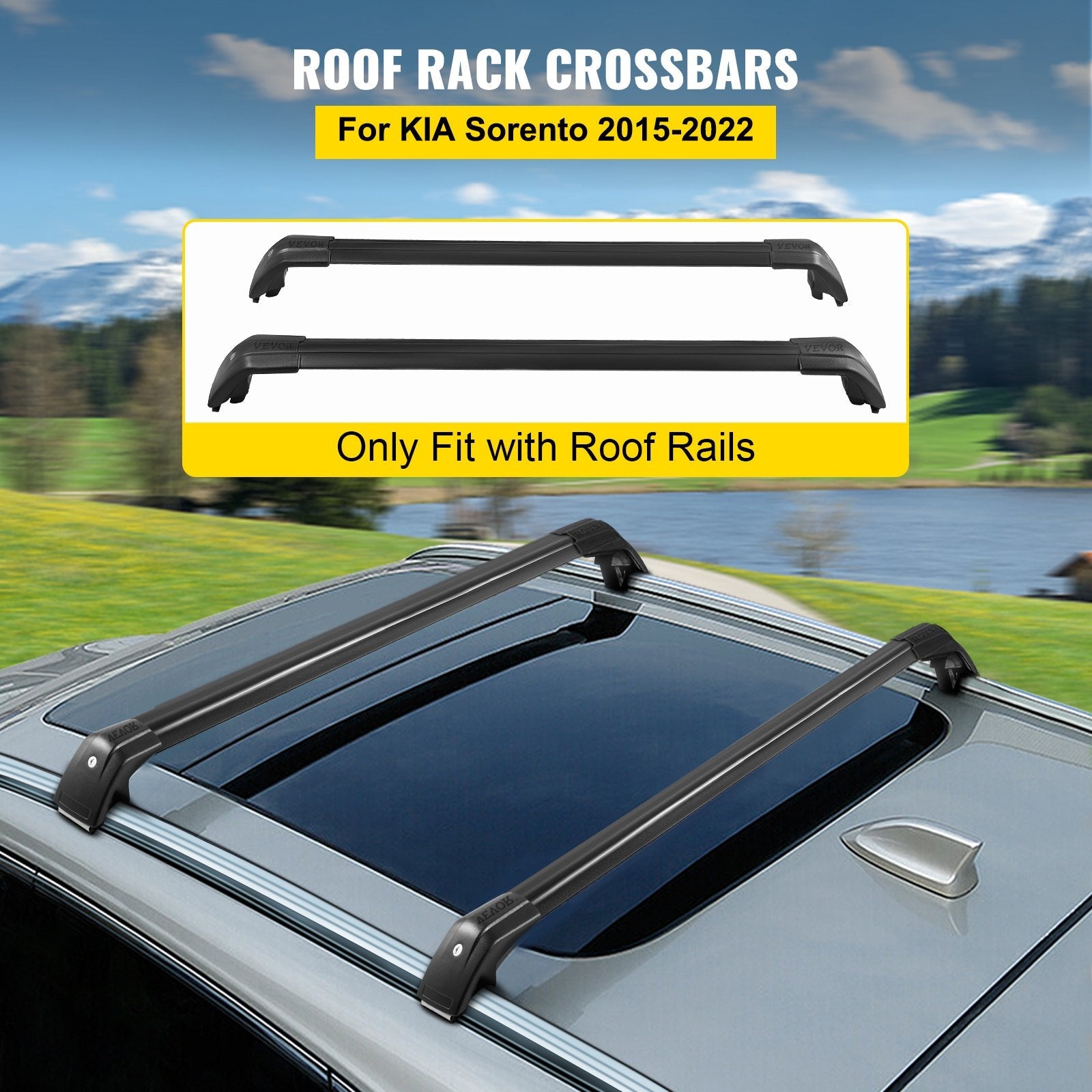 VEVOR Black Roof Rack Compatible with Kia Sorento 2015-2021 Cross Bars Baggage Locking Roof Rail Crossbars Luggage Cargo Ladder Bike Load Roof Cross Bars 2015 2016 2017 2018 2019 2020 2021 