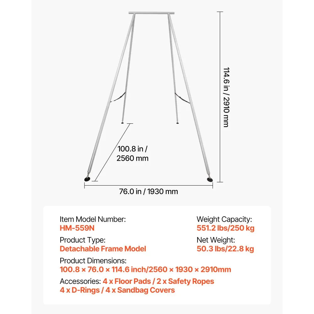 VEVOR Yoga Stand Frame, 9.6 ft Length Swing Stand, Max 551.2 lbs Load Triangular Structure Aerial Rig, Aerial Silk Stands for Yoga Enthusiasts, Non-Slip Base, Lightweight, Detachable Design 