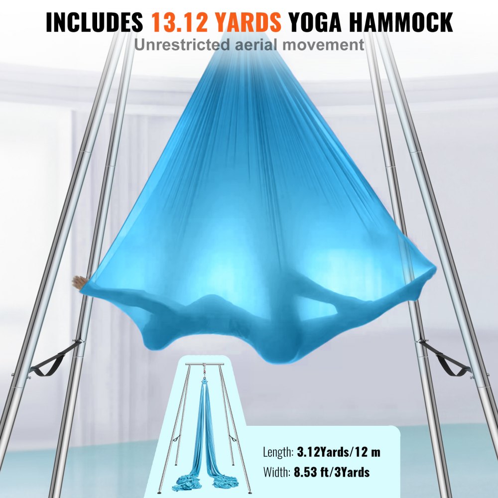 VEVOR Aerial Yoga Frame & Yoga Hammock, 9.67 ft Height Professional Yoga Swing Stand Comes with 13.1 Yards Aerial Hammock, Max 551.15 lbs Load Capacity Yoga Rig for Indoor Outdoor Aerial Yoga, Blue 