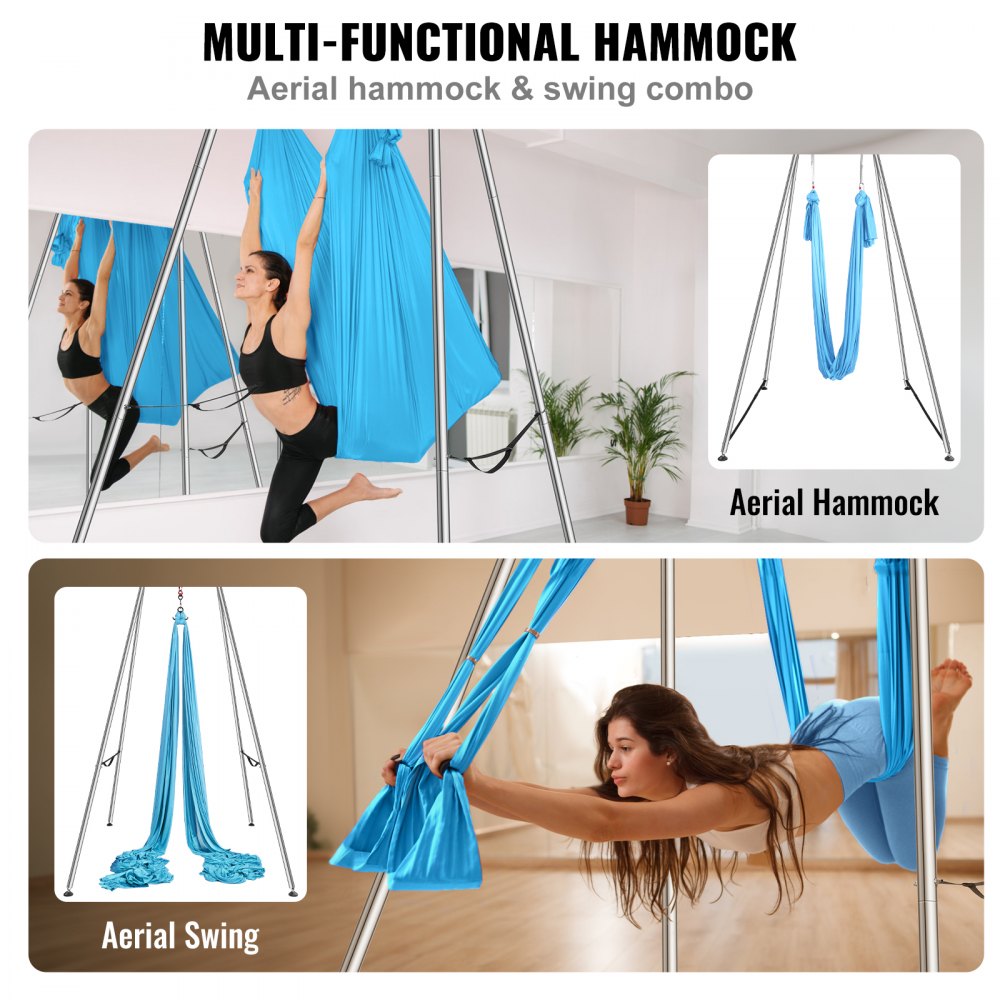 VEVOR Aerial Yoga Frame & Yoga Hammock, 9.67 ft Height Professional Yoga Swing Stand Comes with 13.1 Yards Aerial Hammock, Max 551.15 lbs Load Capacity Yoga Rig for Indoor Outdoor Aerial Yoga, Blue 