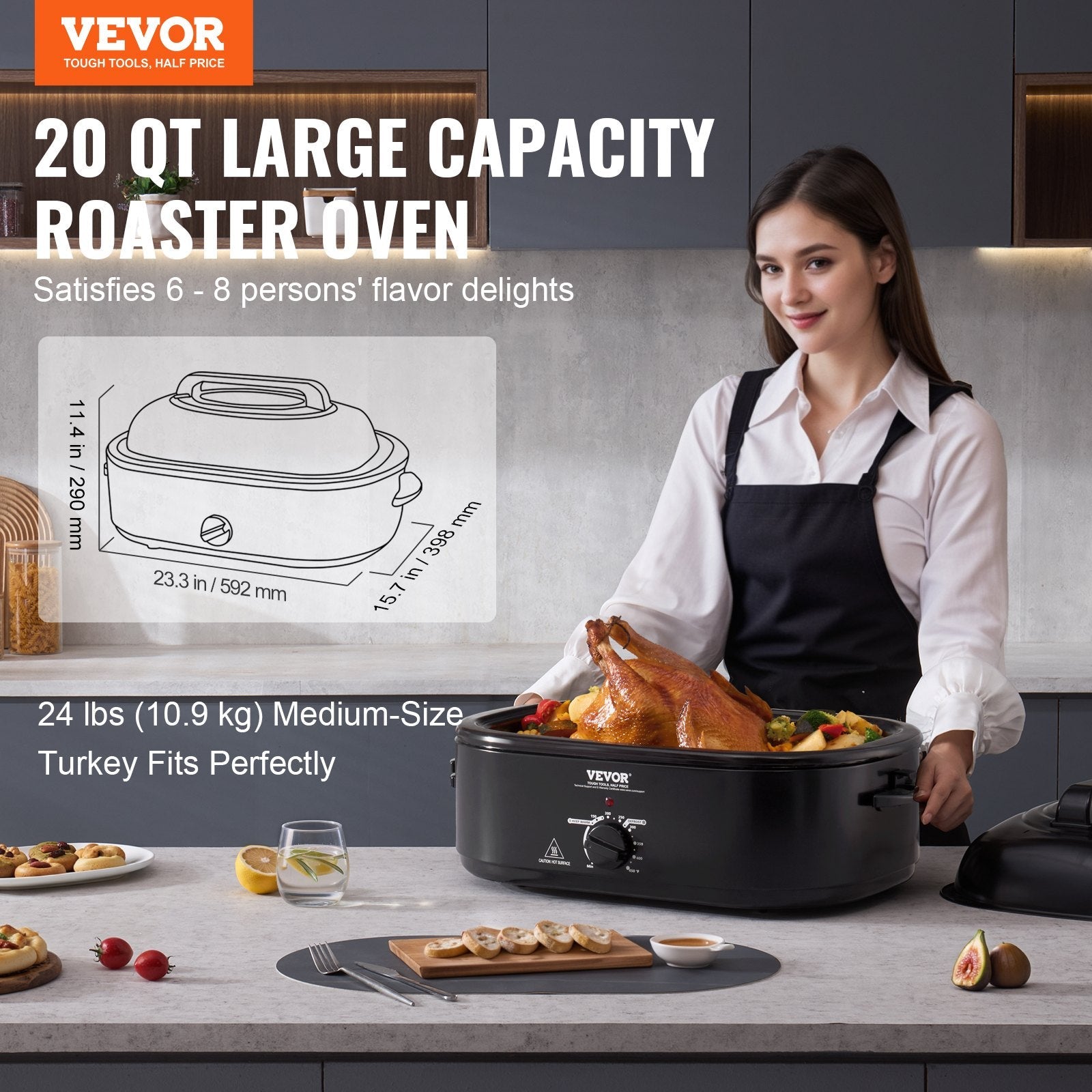 VEVOR Electric Roaster Oven, 20 QT Turkey Roaster Oven with Self-Basting Lid, 1450W Roaster Oven with Defrost & Warm Function, Adjustable Temperature, Removable Pan & Rack, Fits Turkeys Up to 24LBS 