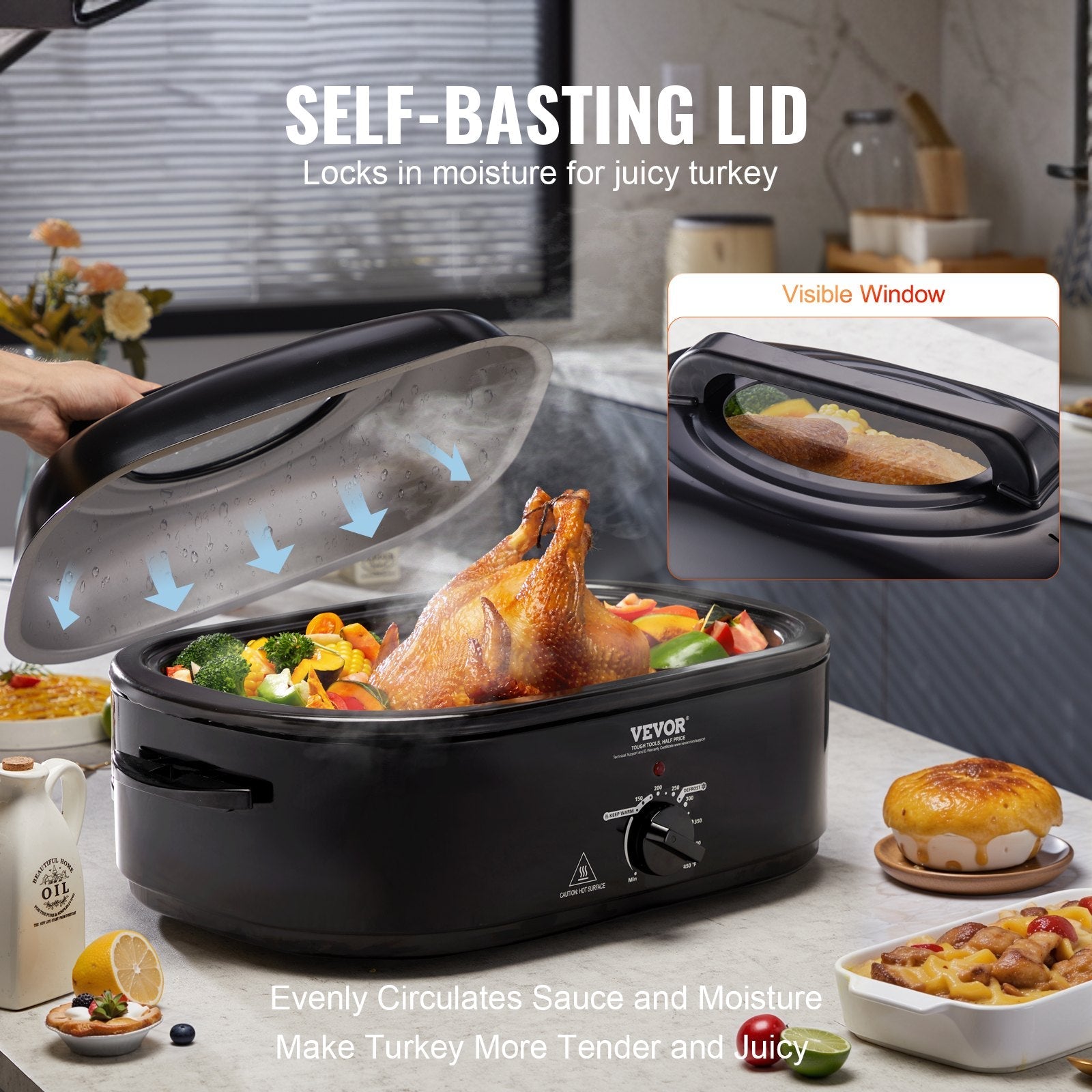 VEVOR Electric Roaster Oven, 20 QT Turkey Roaster Oven with Self-Basting Lid, 1450W Roaster Oven with Defrost & Warm Function, Adjustable Temperature, Removable Pan & Rack, Fits Turkeys Up to 24LBS 