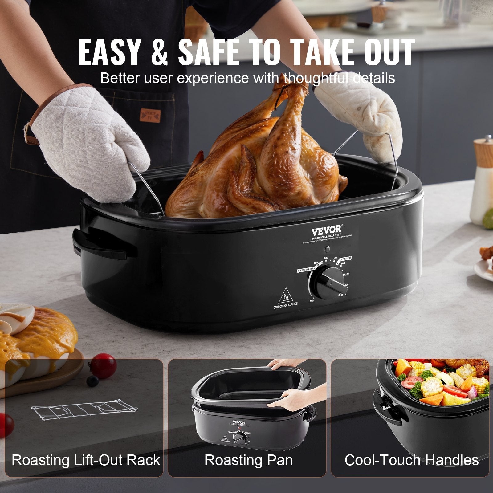 VEVOR Electric Roaster Oven, 20 QT Turkey Roaster Oven with Self-Basting Lid, 1450W Roaster Oven with Defrost & Warm Function, Adjustable Temperature, Removable Pan & Rack, Fits Turkeys Up to 24LBS 