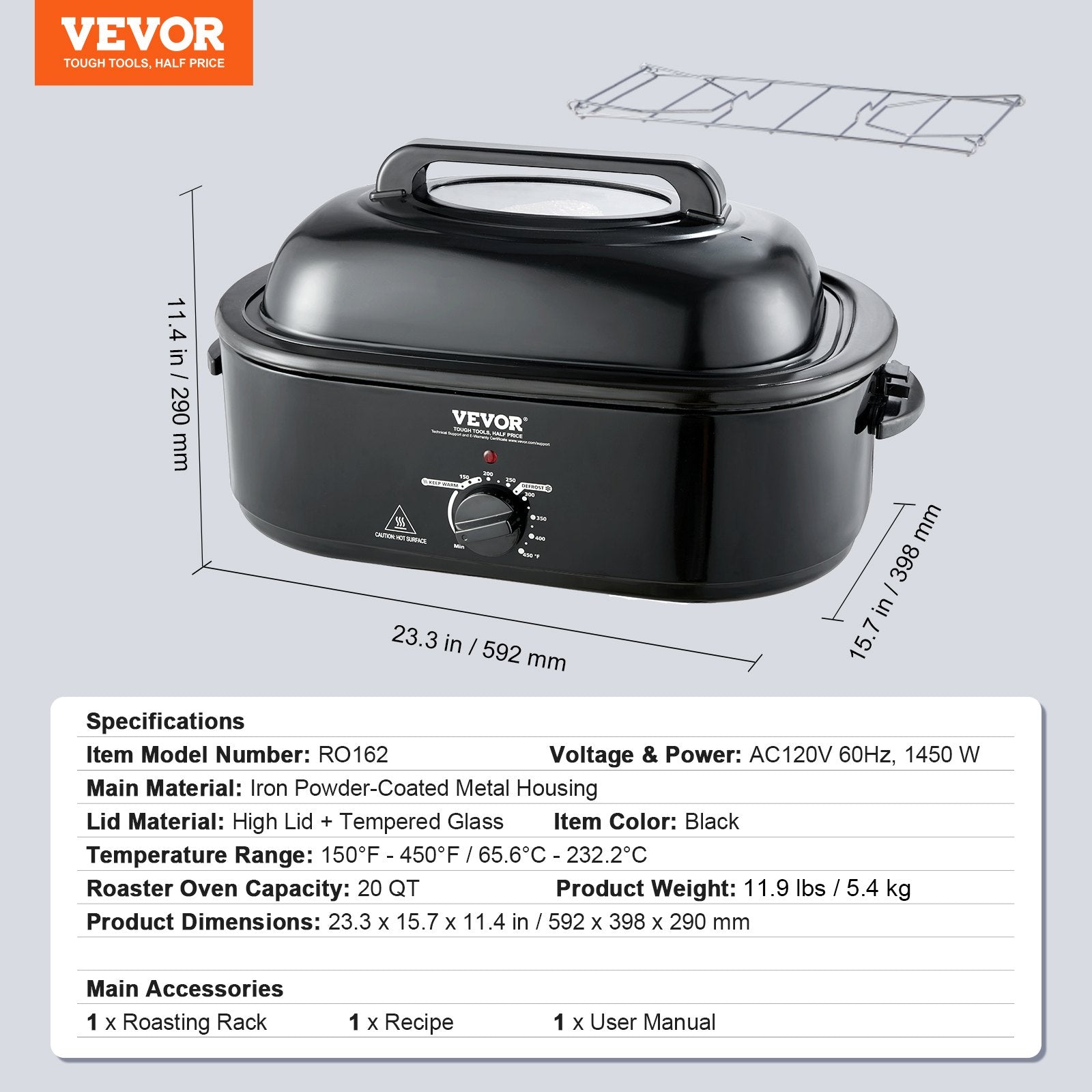 VEVOR Electric Roaster Oven, 20 QT Turkey Roaster Oven with Self-Basting Lid, 1450W Roaster Oven with Defrost & Warm Function, Adjustable Temperature, Removable Pan & Rack, Fits Turkeys Up to 24LBS 