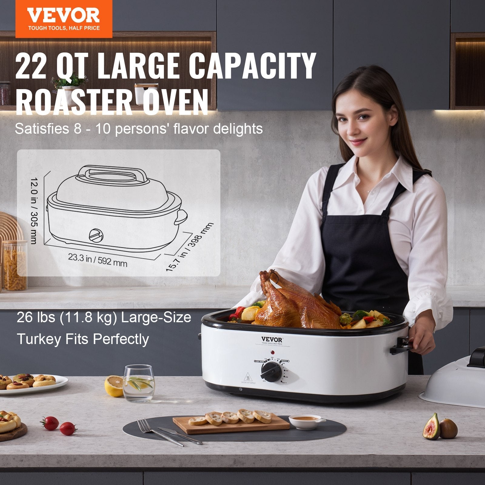 VEVOR Electric Roaster Oven, 22 QT Turkey Roaster Oven with Self-Basting Lid, 1450W Roaster Oven with Defrost & Warm Function, Adjustable Temp, Removable Pan & Rack, Fits Turkeys Up to 26LBS, White 