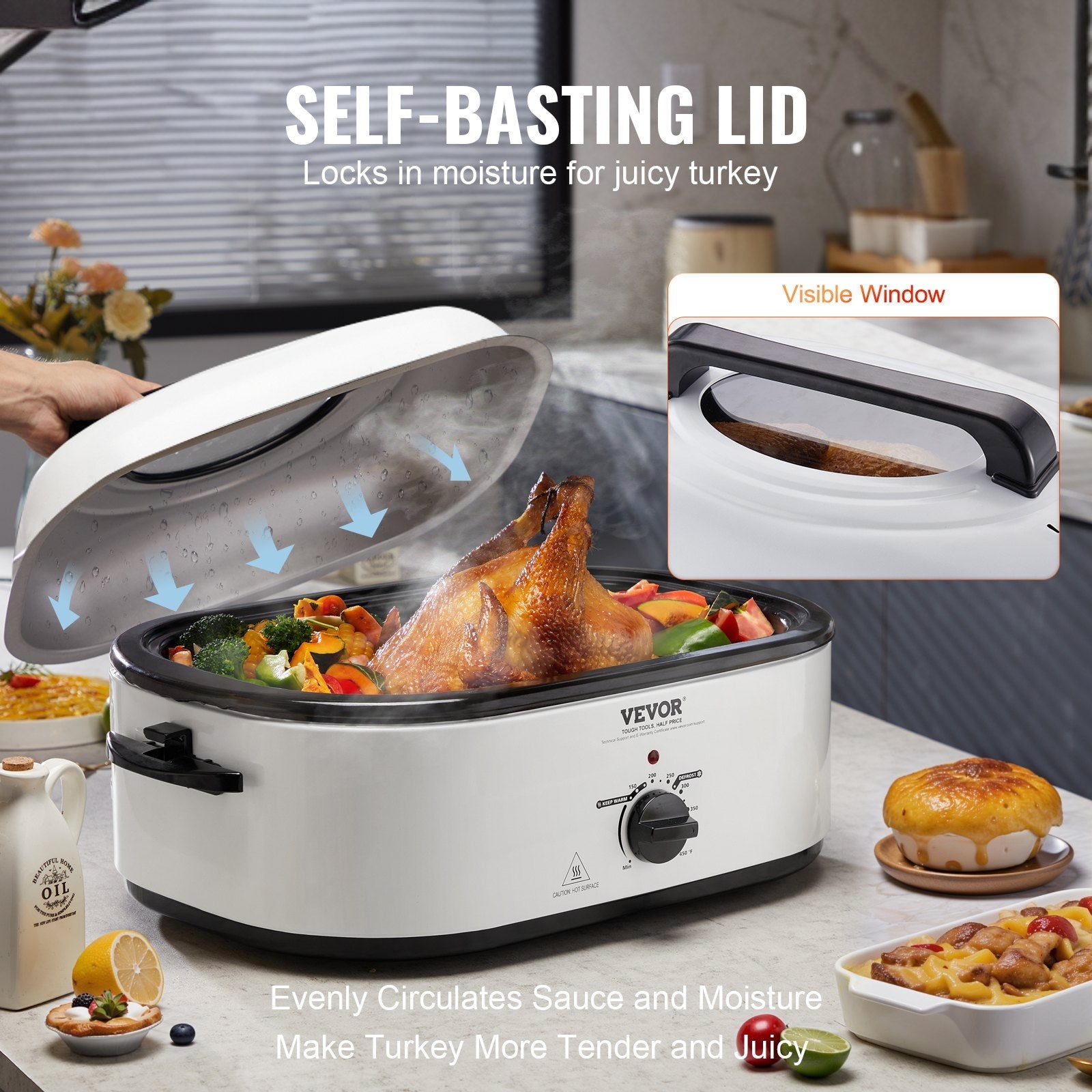 VEVOR Electric Roaster Oven, 22 QT Turkey Roaster Oven with Self-Basting Lid, 1450W Roaster Oven with Defrost & Warm Function, Adjustable Temp, Removable Pan & Rack, Fits Turkeys Up to 26LBS, White 