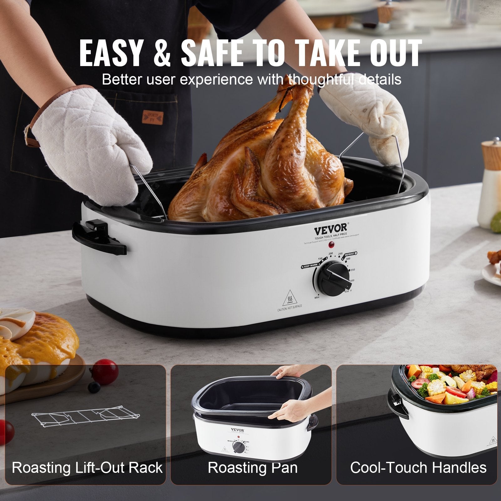 VEVOR Electric Roaster Oven, 22 QT Turkey Roaster Oven with Self-Basting Lid, 1450W Roaster Oven with Defrost & Warm Function, Adjustable Temp, Removable Pan & Rack, Fits Turkeys Up to 26LBS, White 