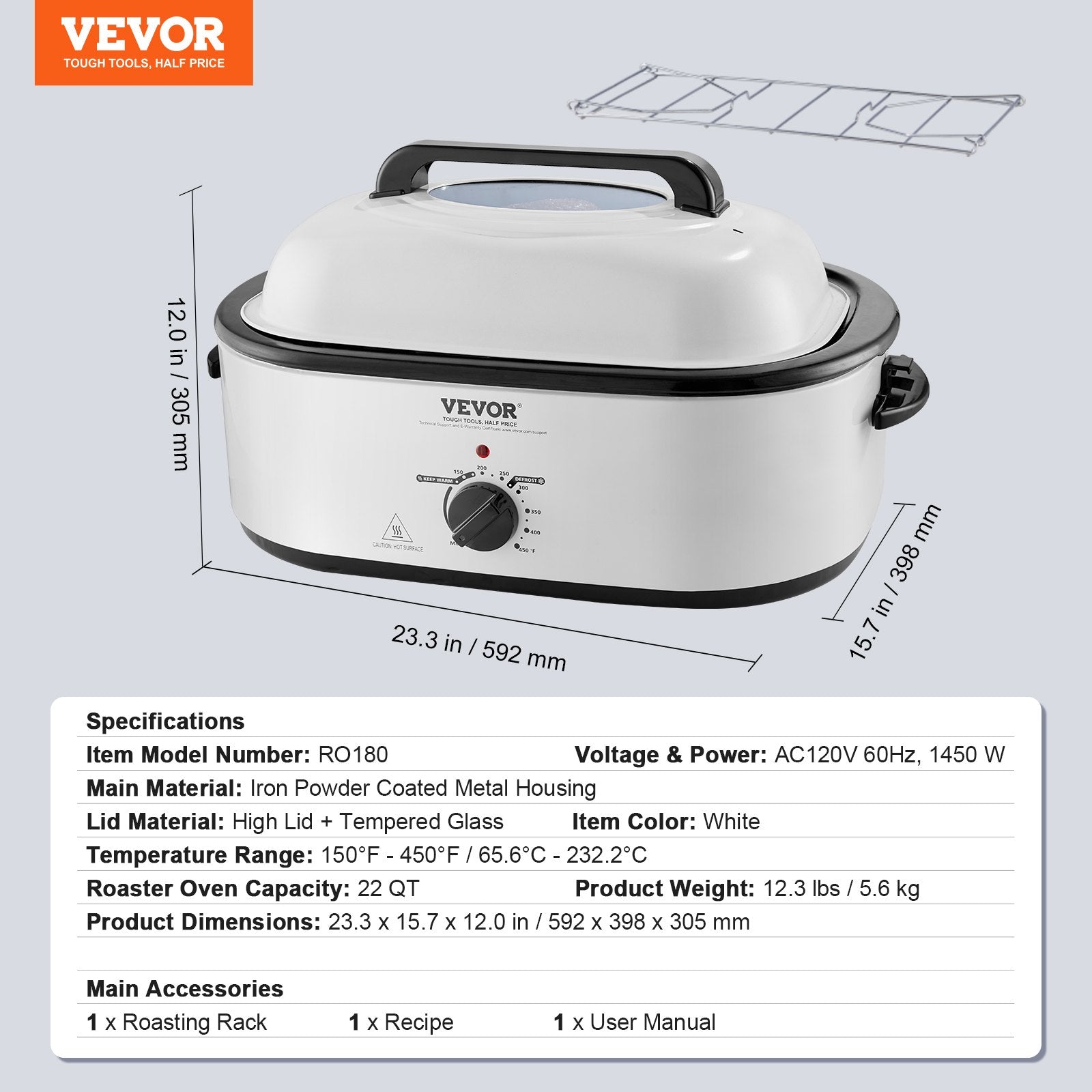 VEVOR Electric Roaster Oven, 22 QT Turkey Roaster Oven with Self-Basting Lid, 1450W Roaster Oven with Defrost & Warm Function, Adjustable Temp, Removable Pan & Rack, Fits Turkeys Up to 26LBS, White 