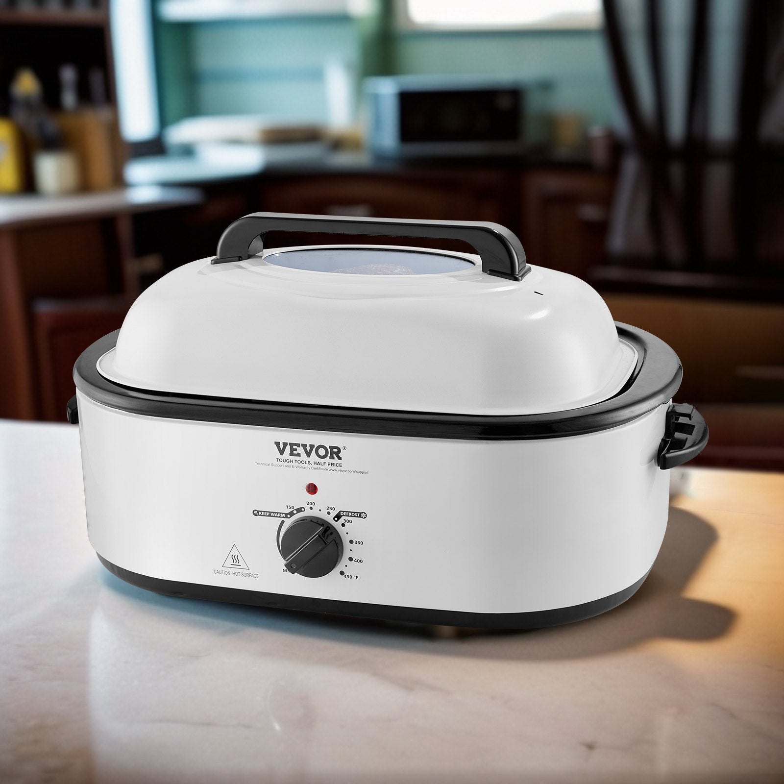 VEVOR Electric Roaster Oven, 22 QT Turkey Roaster Oven with Self-Basting Lid, 1450W Roaster Oven with Defrost & Warm Function, Adjustable Temp, Removable Pan & Rack, Fits Turkeys Up to 26LBS, White 
