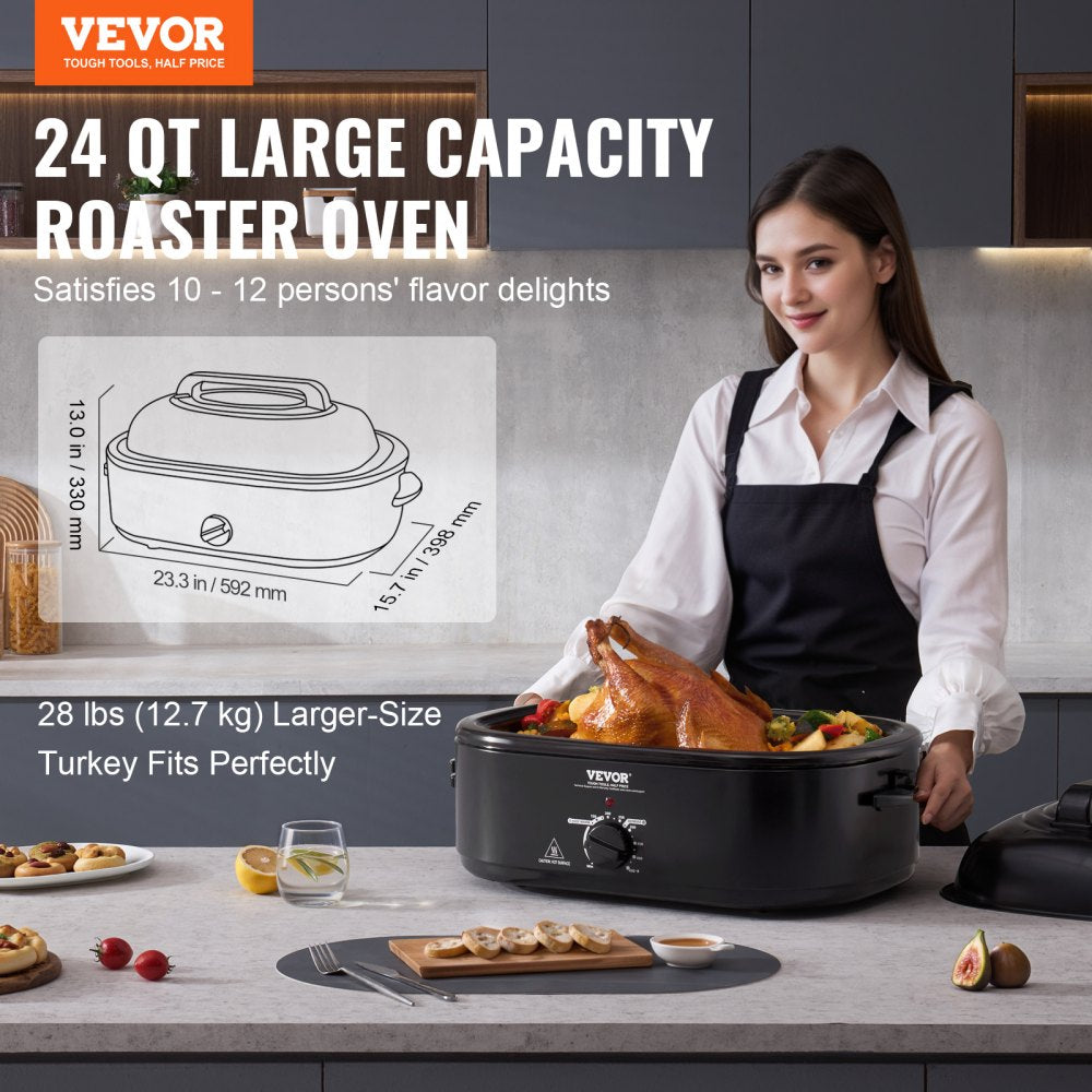 VEVOR Electric Roaster Oven, 24 QT Turkey Roaster Oven with Self-Basting Lid, 1450W Roaster Oven with Defrost & Warm Function, Adjustable Temp, Removable Pan & Rack, Fits Turkeys Up to 28LBS, Black 