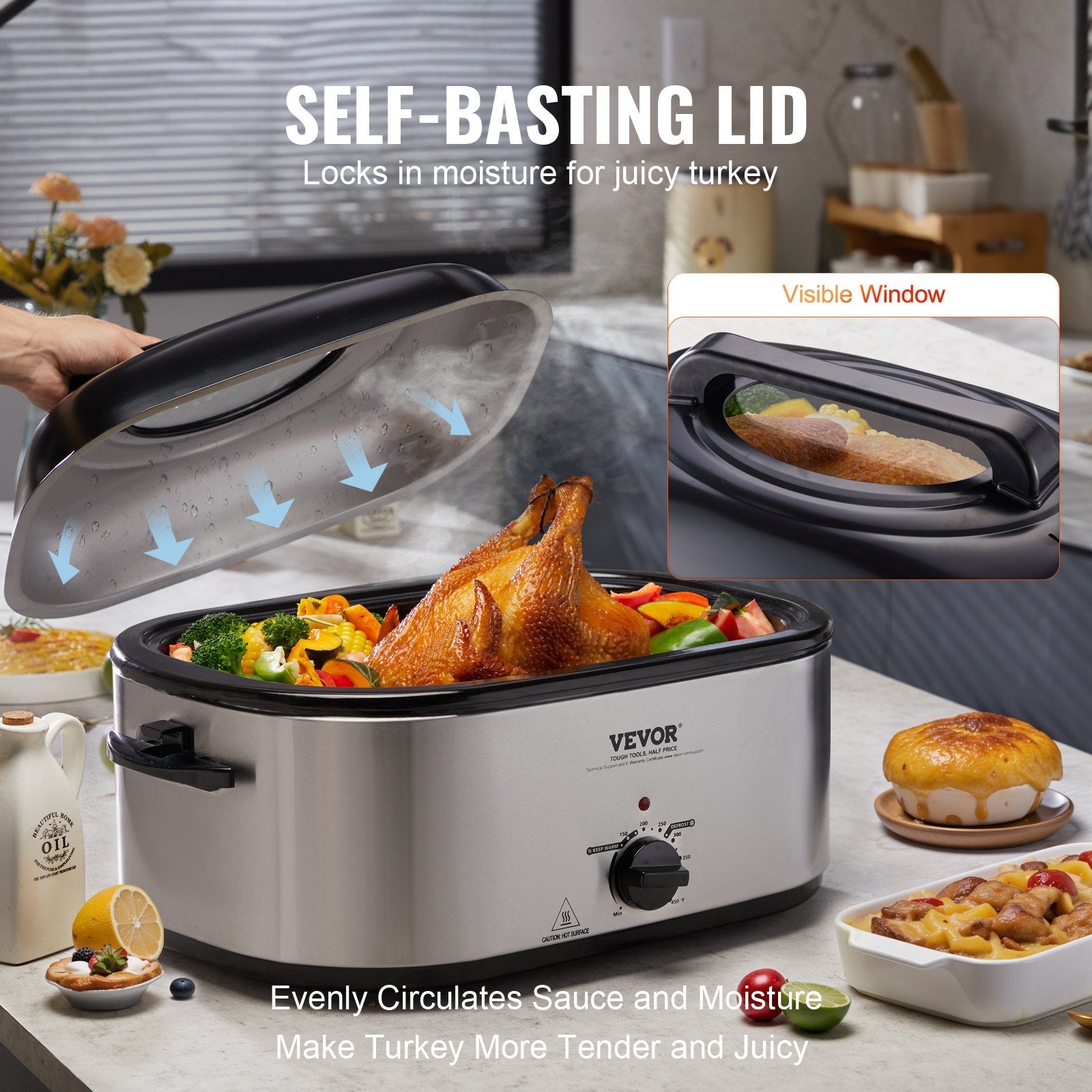 VEVOR Electric Roaster Oven, 24 QT Turkey Roaster Oven with Self-Basting Lid, 1450W Roaster Oven with Defrost & Warm Function, Adjustable Temp, Removable Pan & Rack, Fits Turkeys Up to 28LBS, Silver 