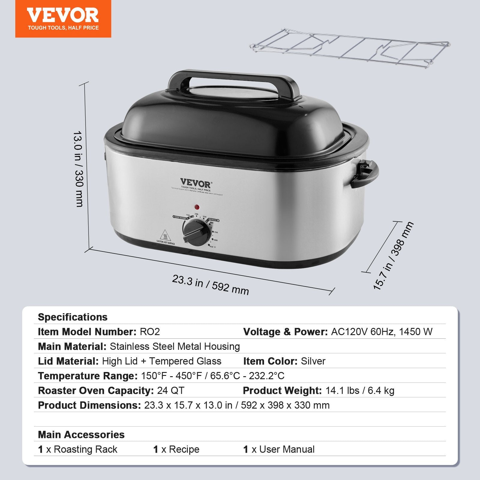 VEVOR Electric Roaster Oven, 24 QT Turkey Roaster Oven with Self-Basting Lid, 1450W Roaster Oven with Defrost & Warm Function, Adjustable Temp, Removable Pan & Rack, Fits Turkeys Up to 28LBS, Silver 