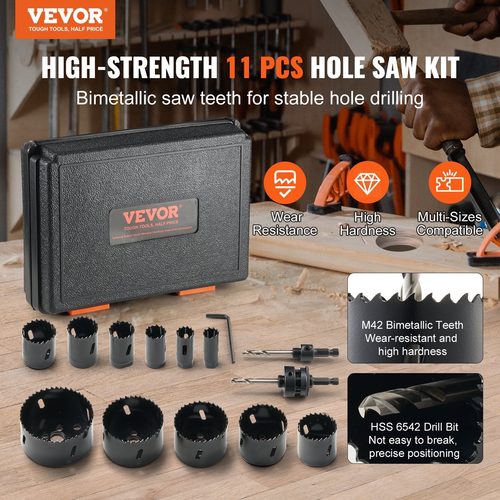 VEVOR Hole Saw Kit, 11 PCS Saw Blades, 2 Drill Bits, 1 Hex Wrench, General Purpose Size from 3/4" to 3", Bi Metal M42 Hole Saw Set with Carrying Case, Ideal for Wood Board, Plastic and Iron Plate 